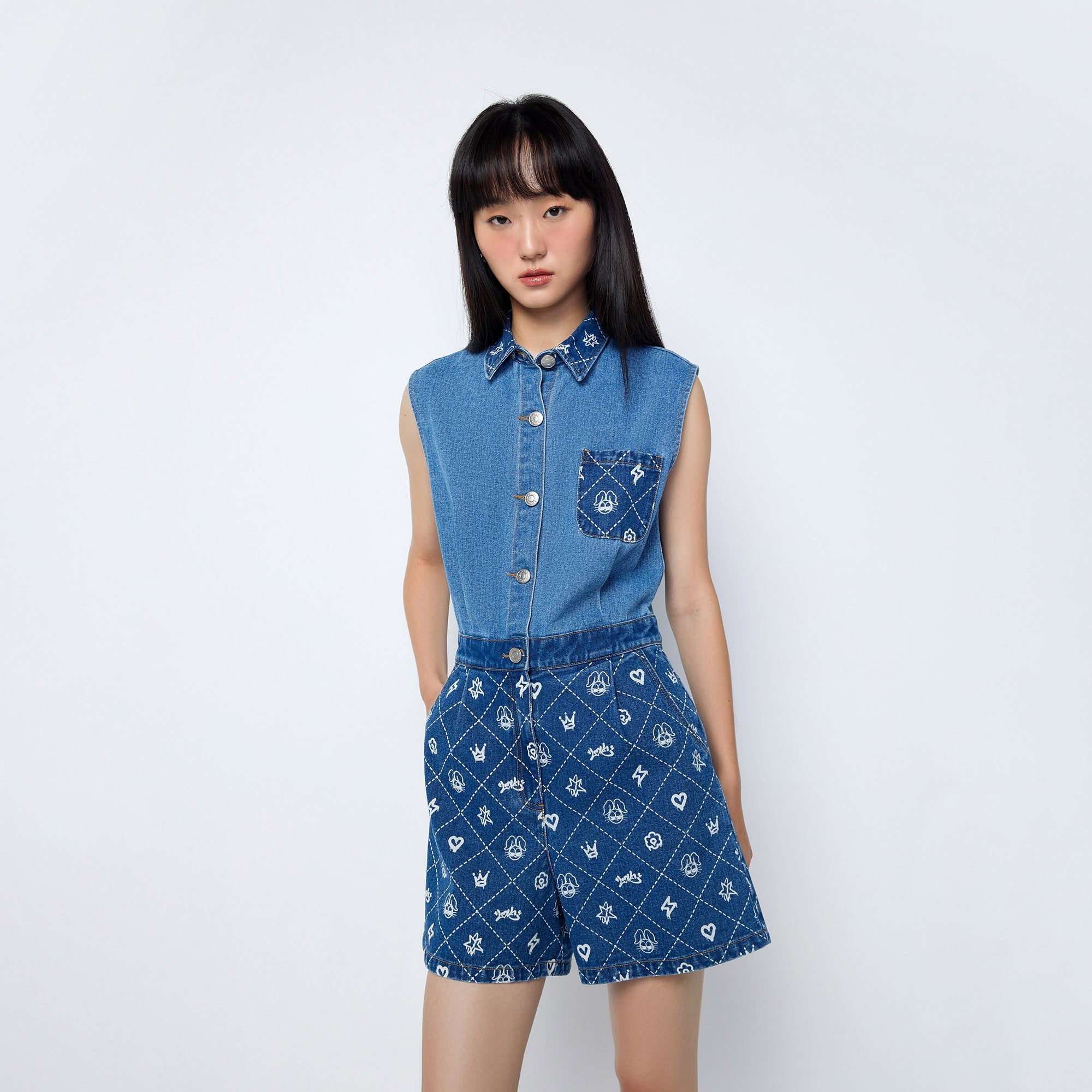 Jb Whimsy Street Sleeveless Denim Romper Blue - Jelly Bunny Thailand Official Online Store