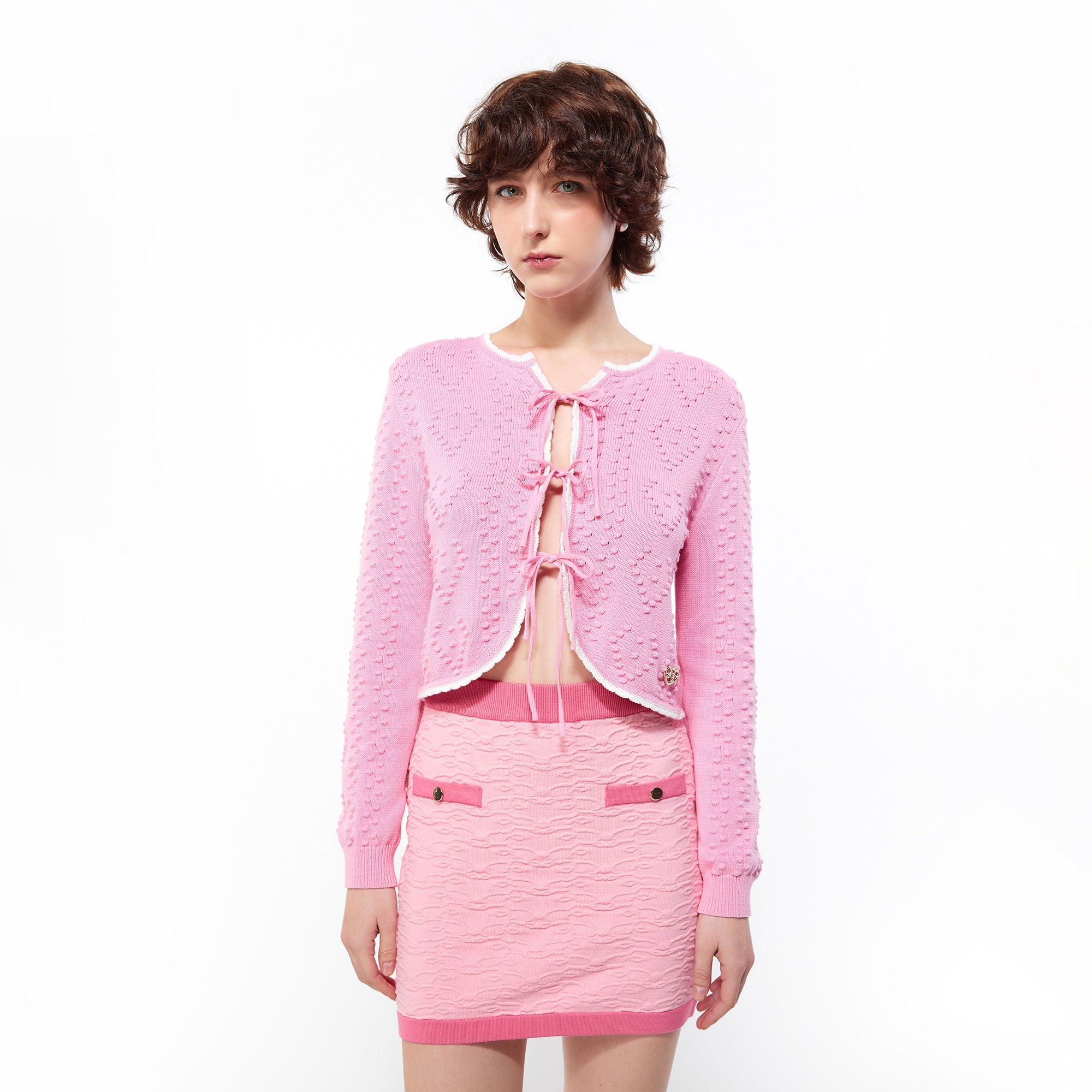 Textured Heart Knit Tie Front Crop Cardigan Pink