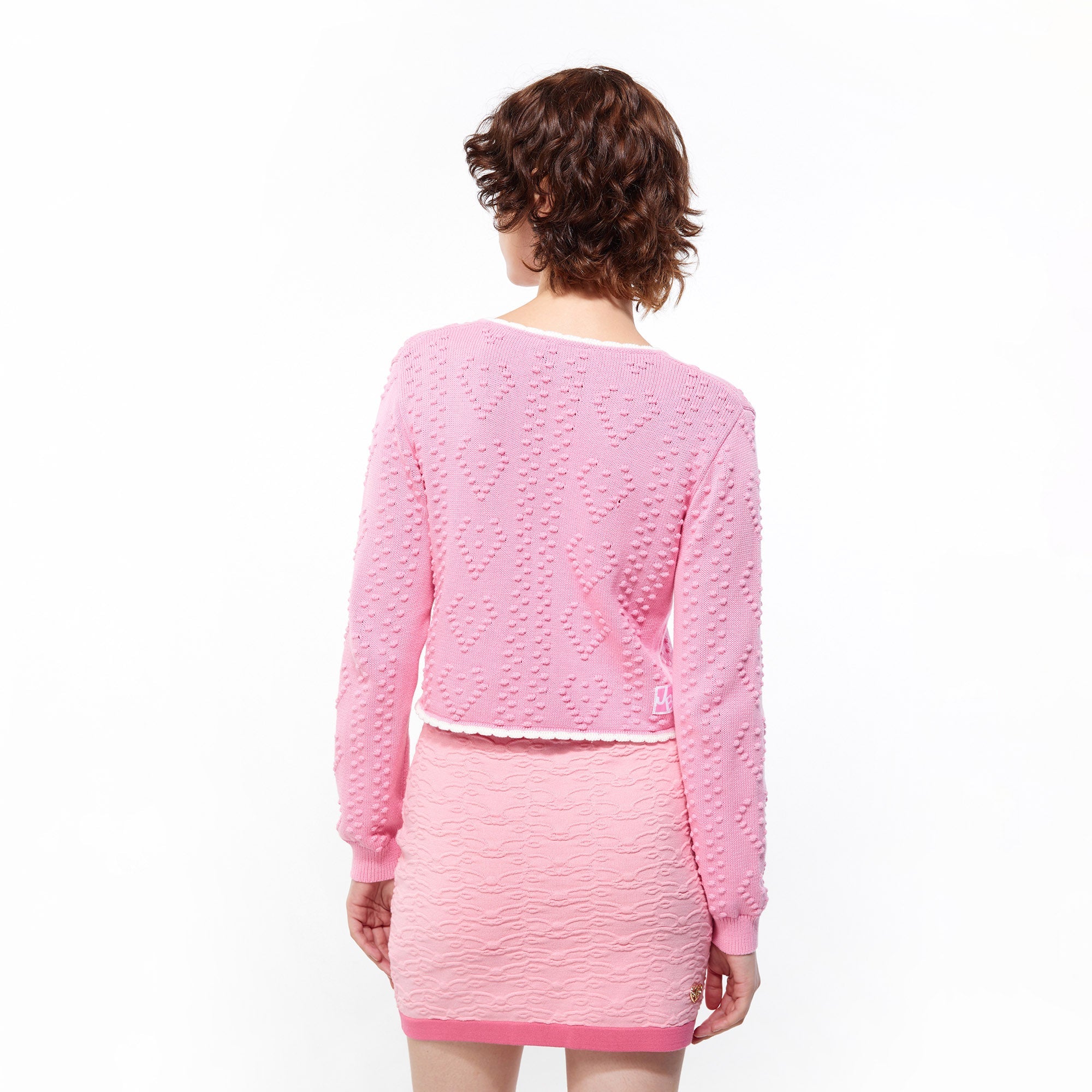 Textured Heart Knit Tie Front Crop Cardigan Pink