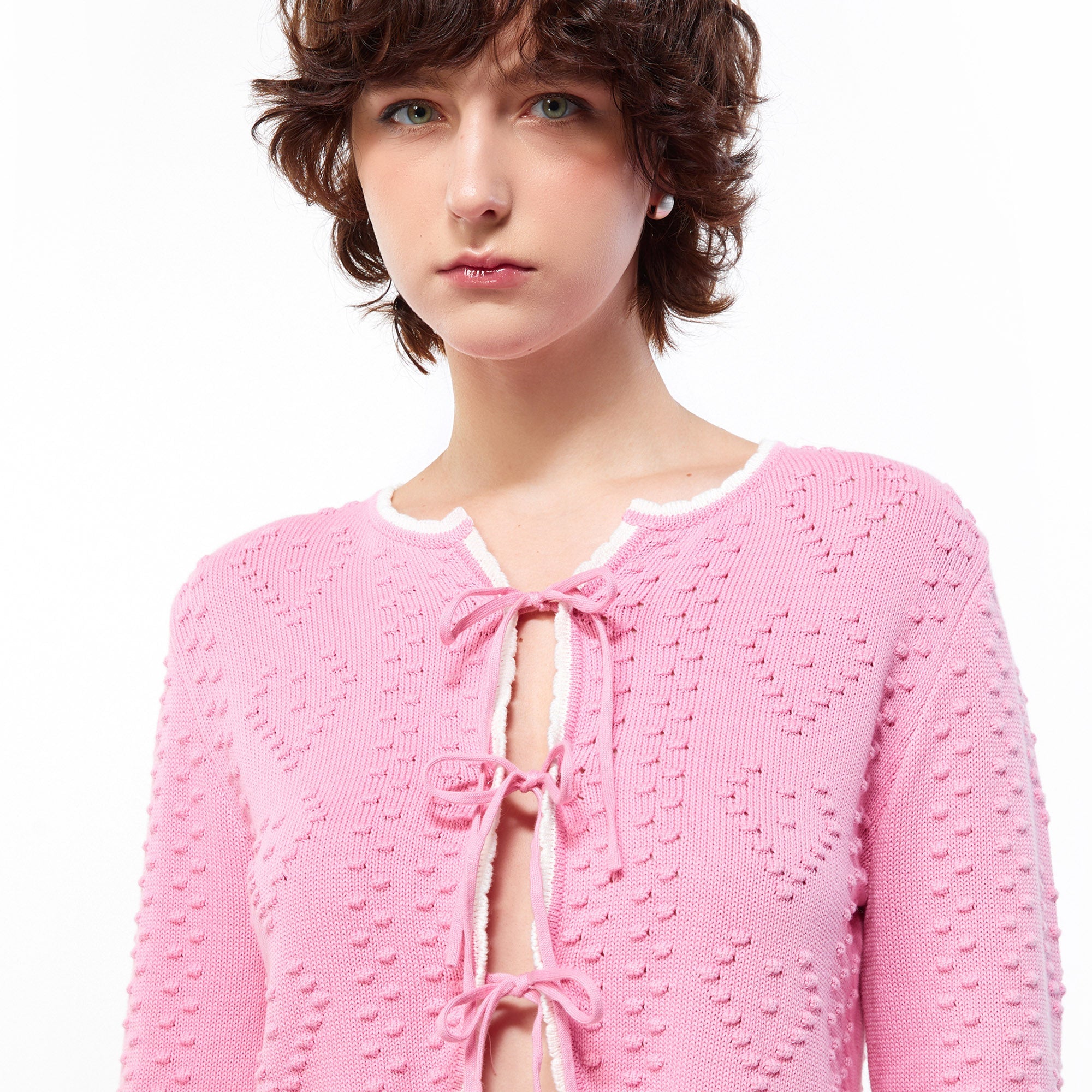 Textured Heart Knit Tie Front Crop Cardigan Pink