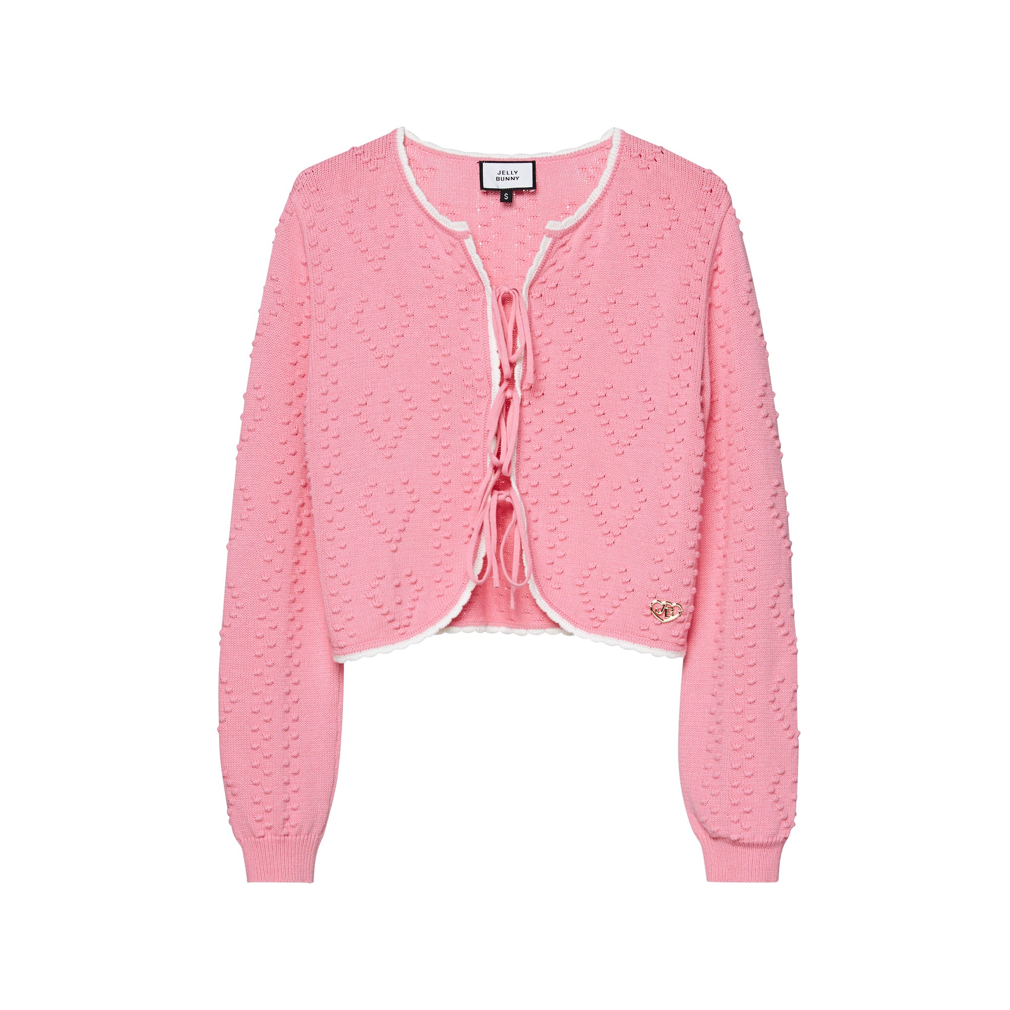 Textured Heart Knit Tie Front Crop Cardigan Pink