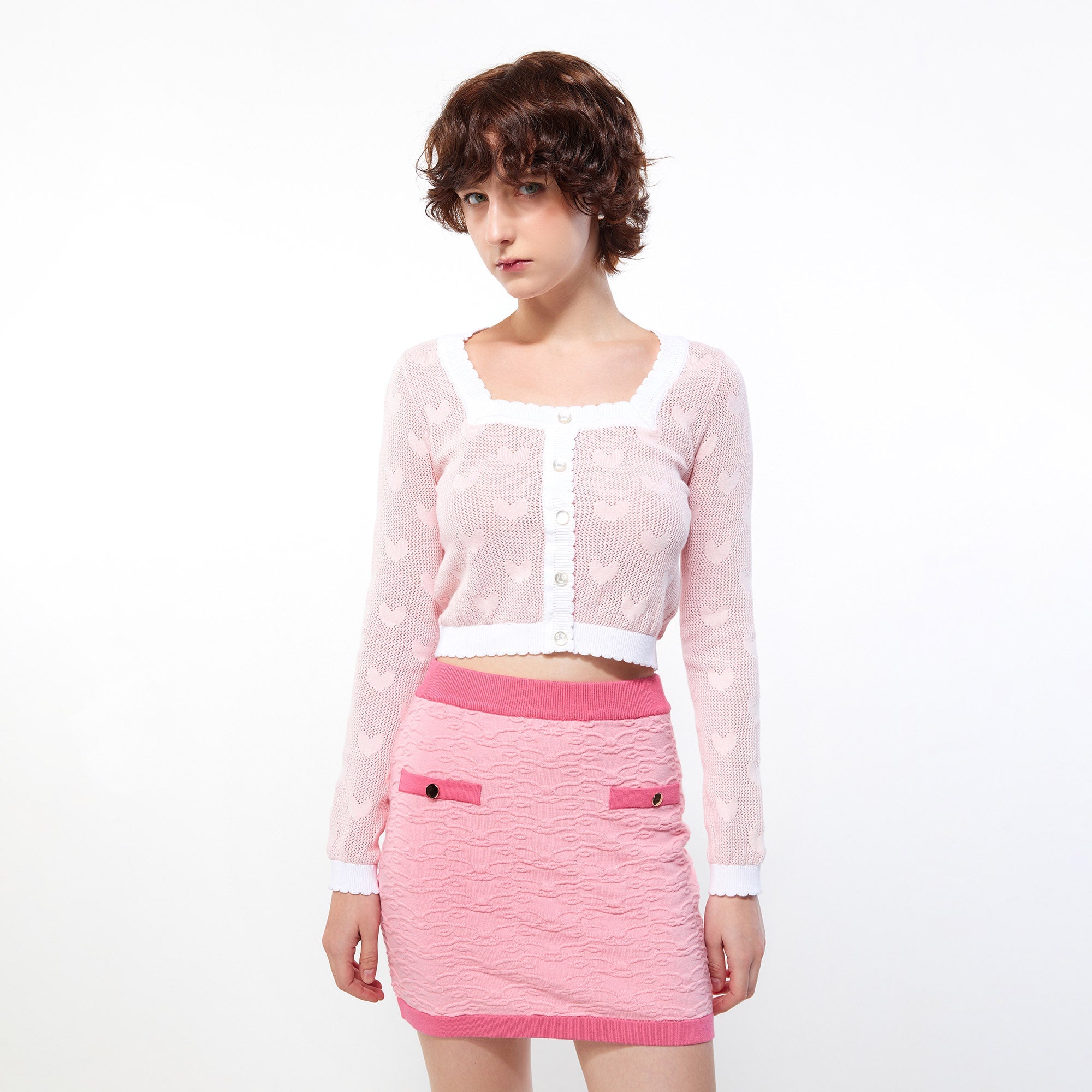 Heart Knit Crop Cardigan Pink