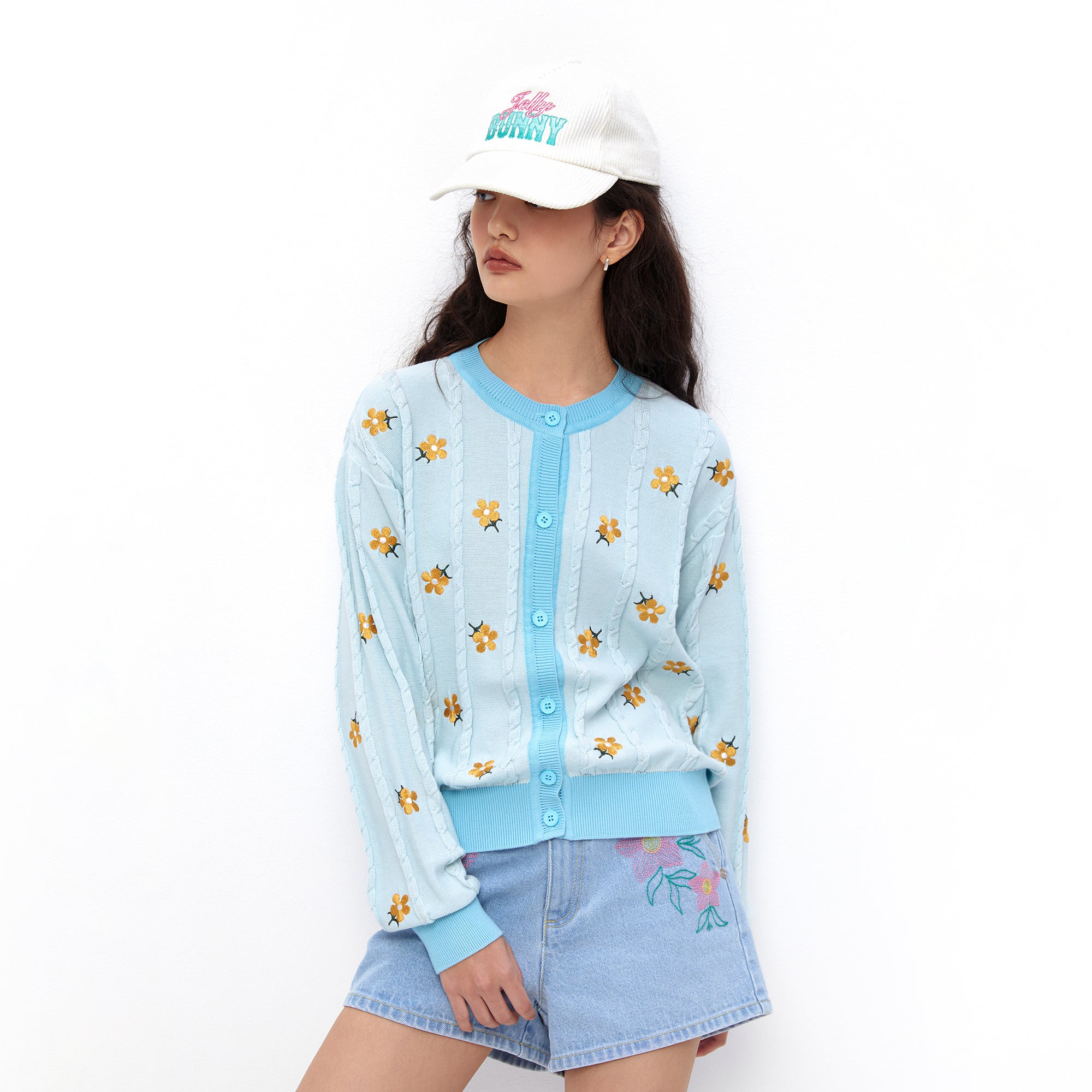 Long-Sleeve Daisy Cable Cardigan Blue