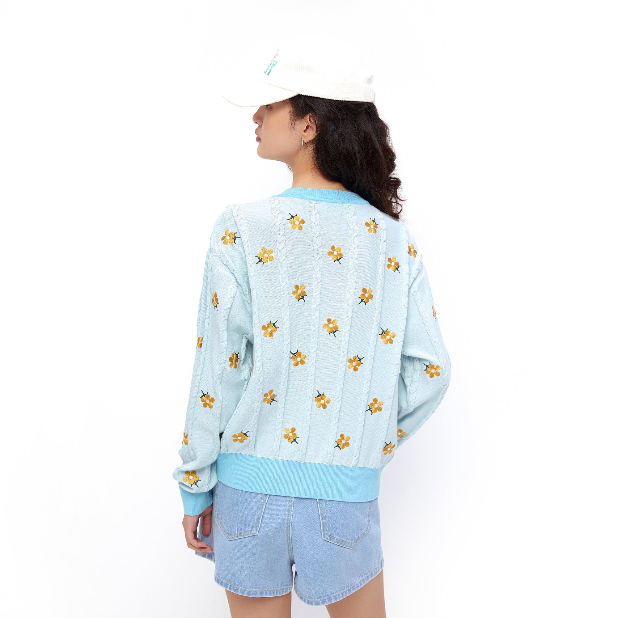 Long-Sleeve Daisy Cable Cardigan Blue