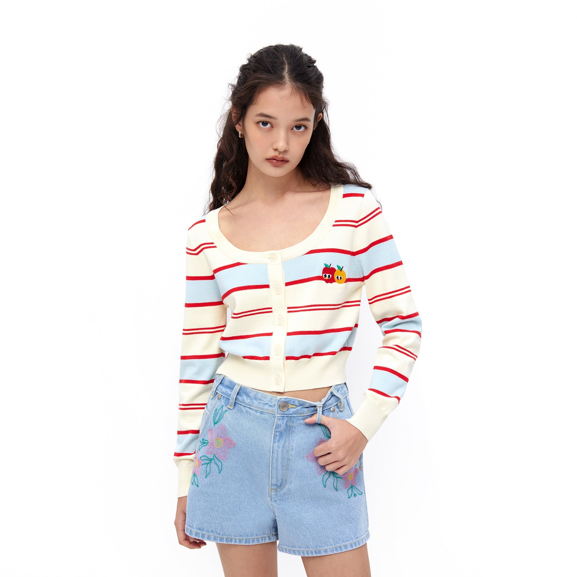 Apple Stripe Crop Cardigan Multi Color