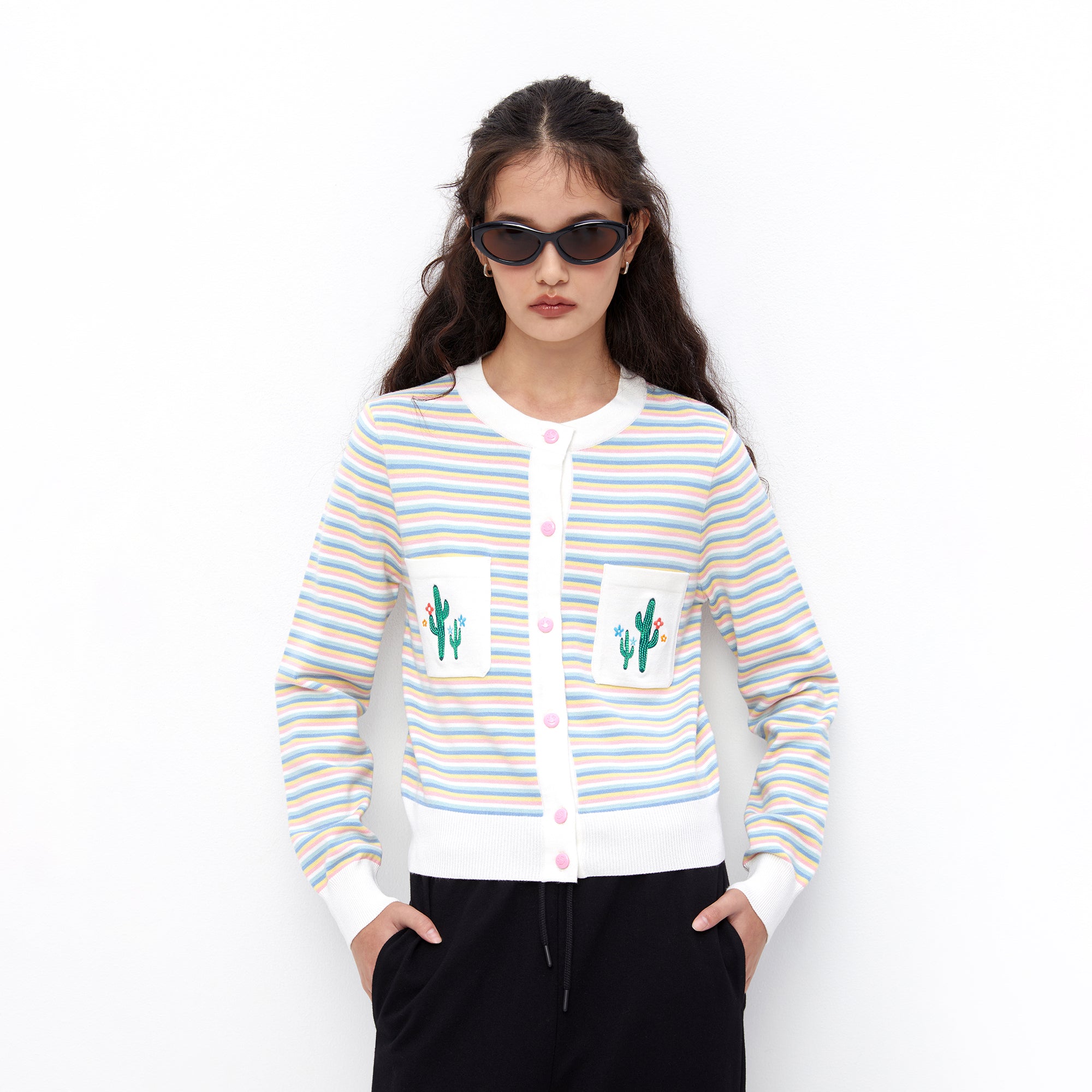 Cactus Pocket Striped Cardigan Multi Color