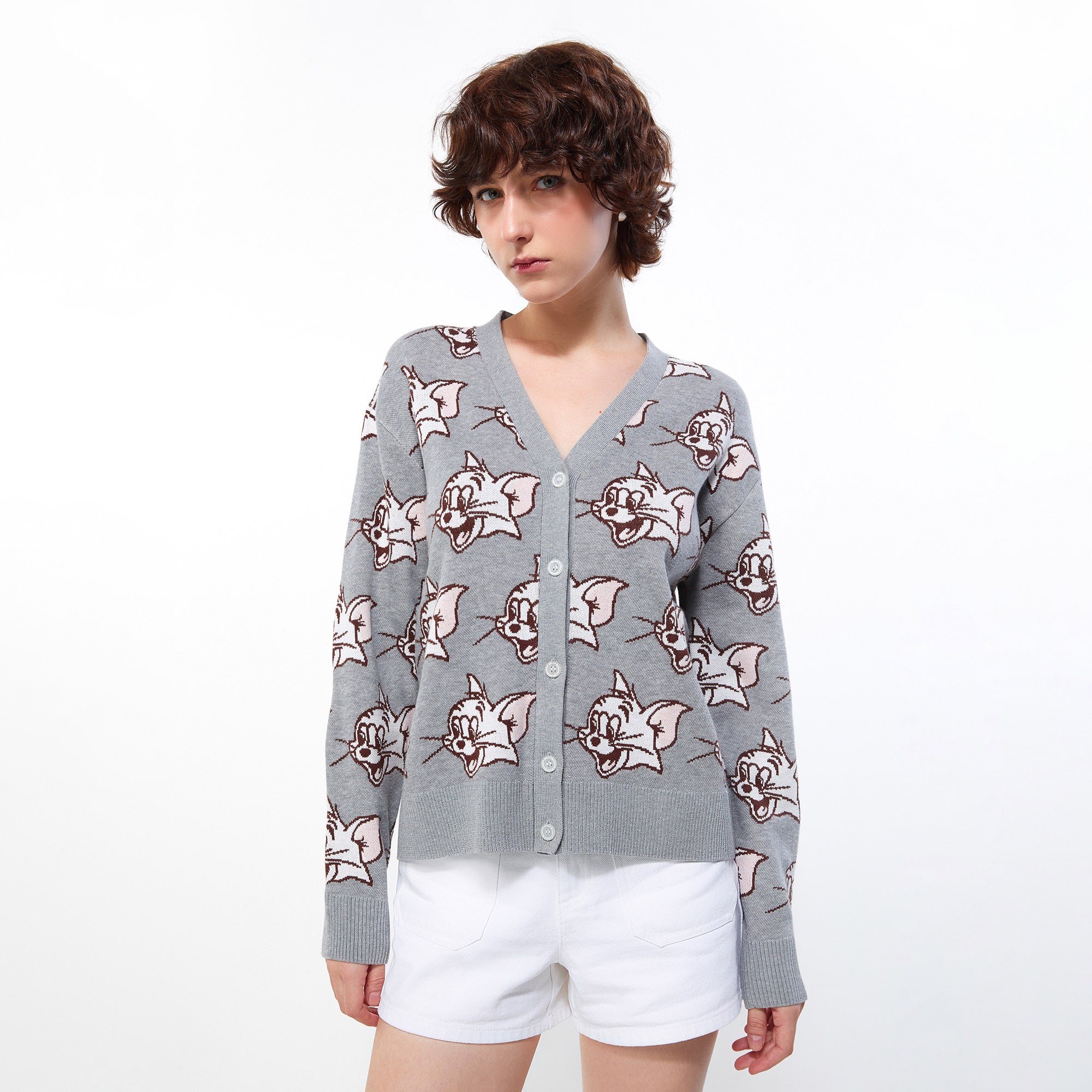 Tom The Happy Cat Knit Cardigan Grey