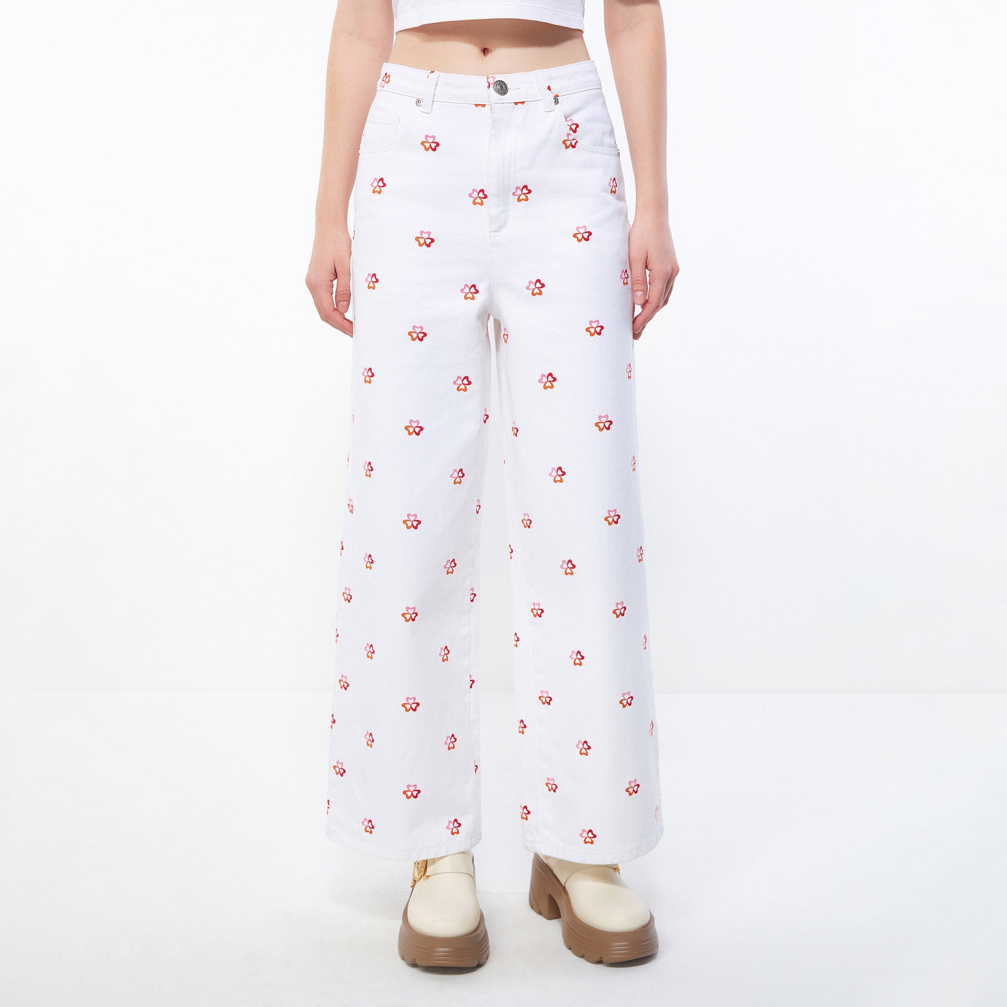 Sweet Flower Wide-Leg Jeans White