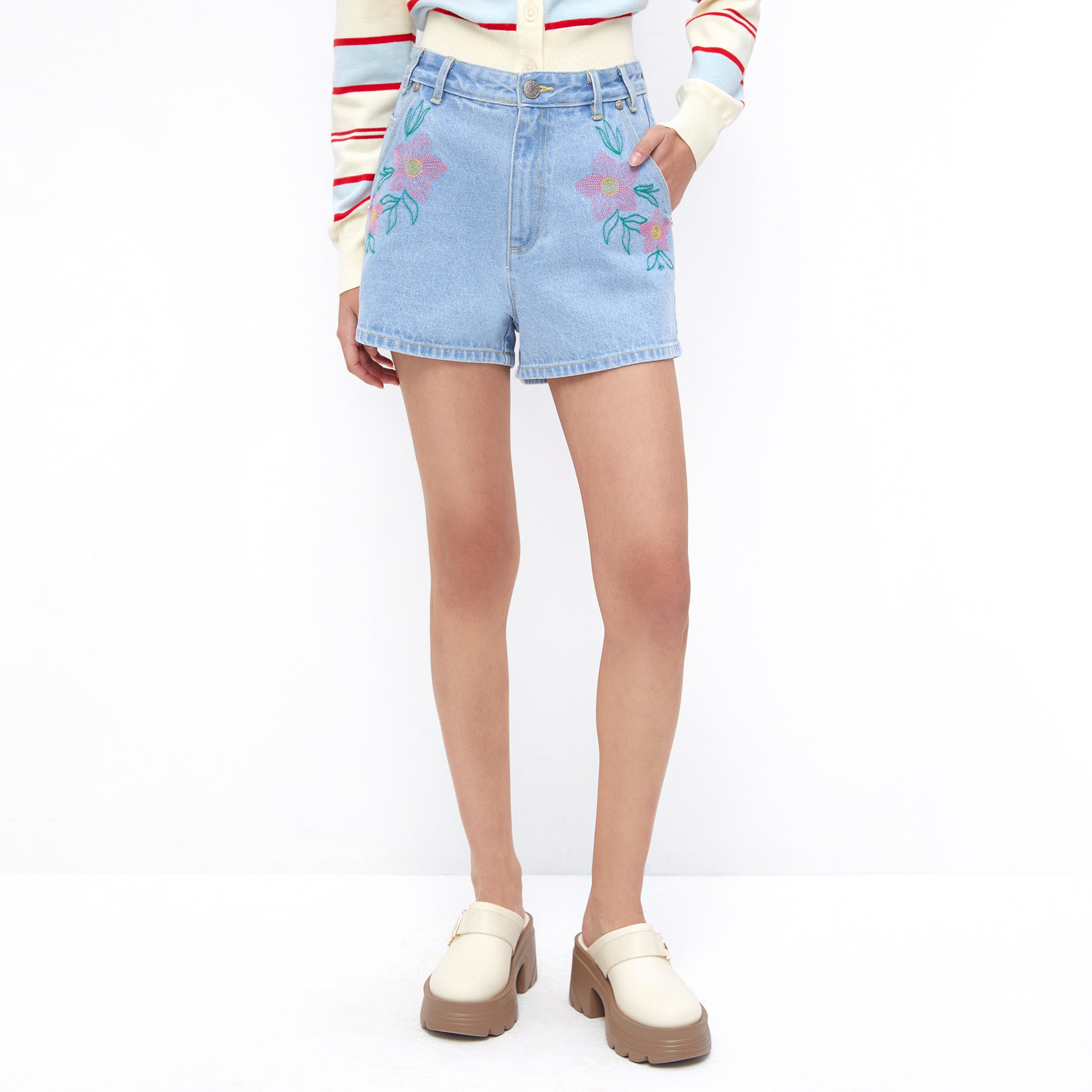 Spring Blossom Denim Shorts Blue