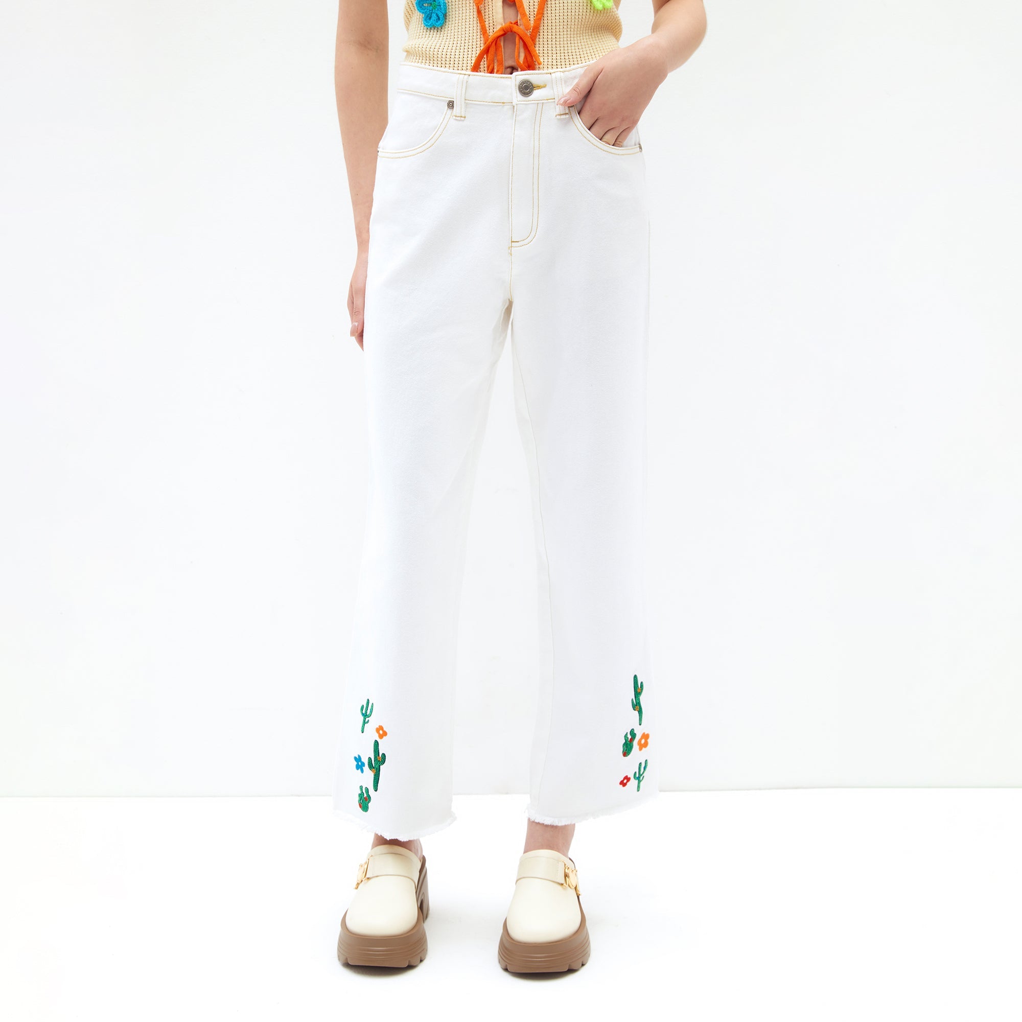 Cactus Charm Relaxed Fit Denim Jeans White