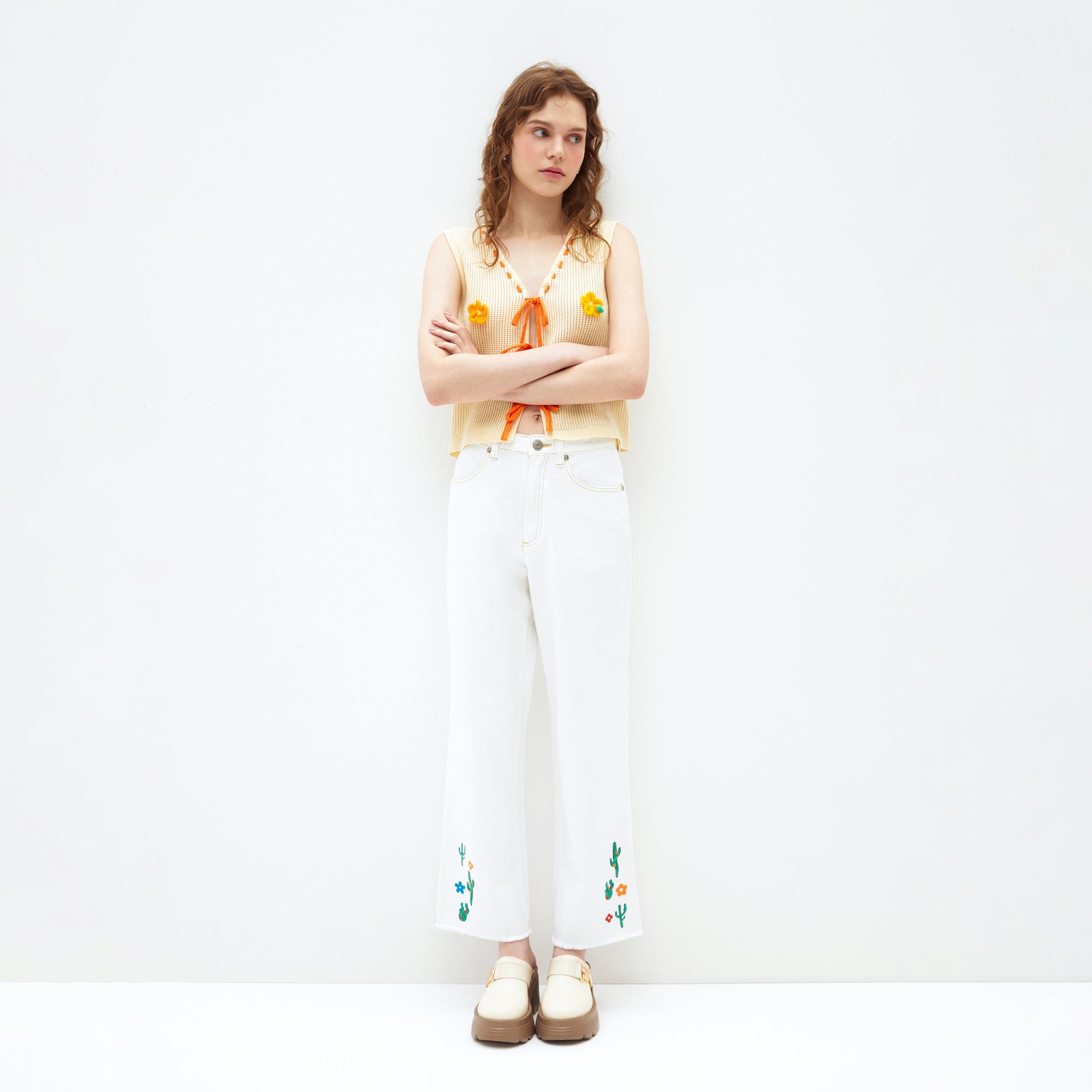 Cactus Charm Relaxed Fit Denim Jeans White