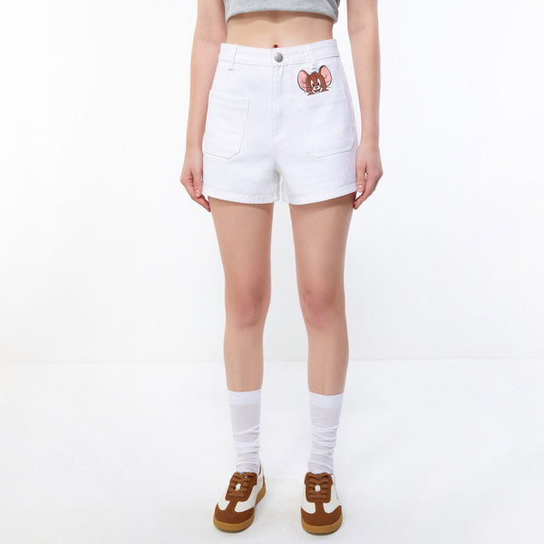 じゃがりこ　White Wide Peek-A-Boo Jerry High Waisted Shorts White