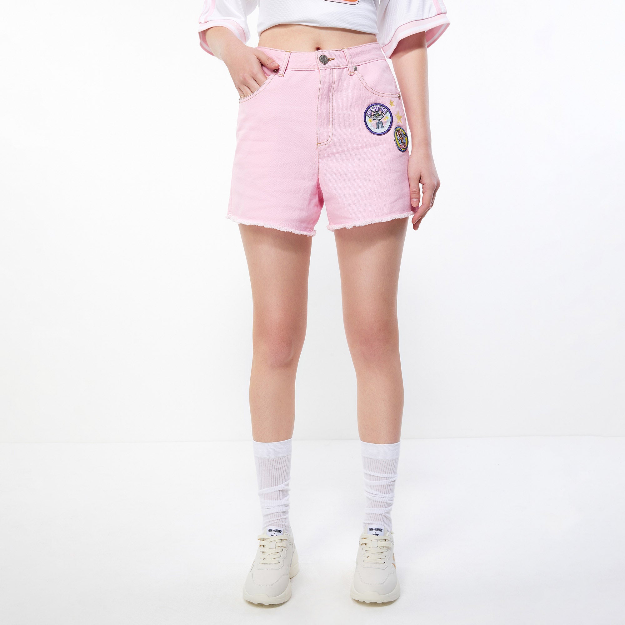 Tom and Jerry Badge Patch Denim Shorts Pink