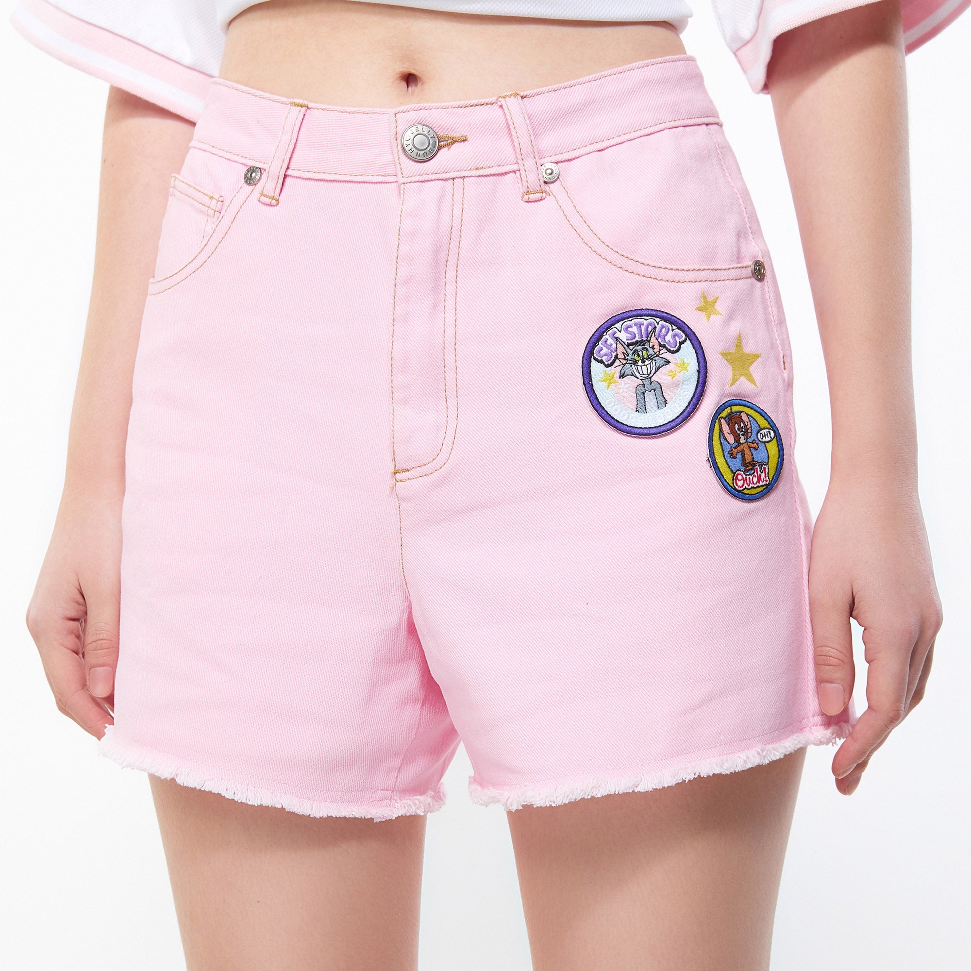 Tom&Jerry Badge Patch Denim Shorts Pink