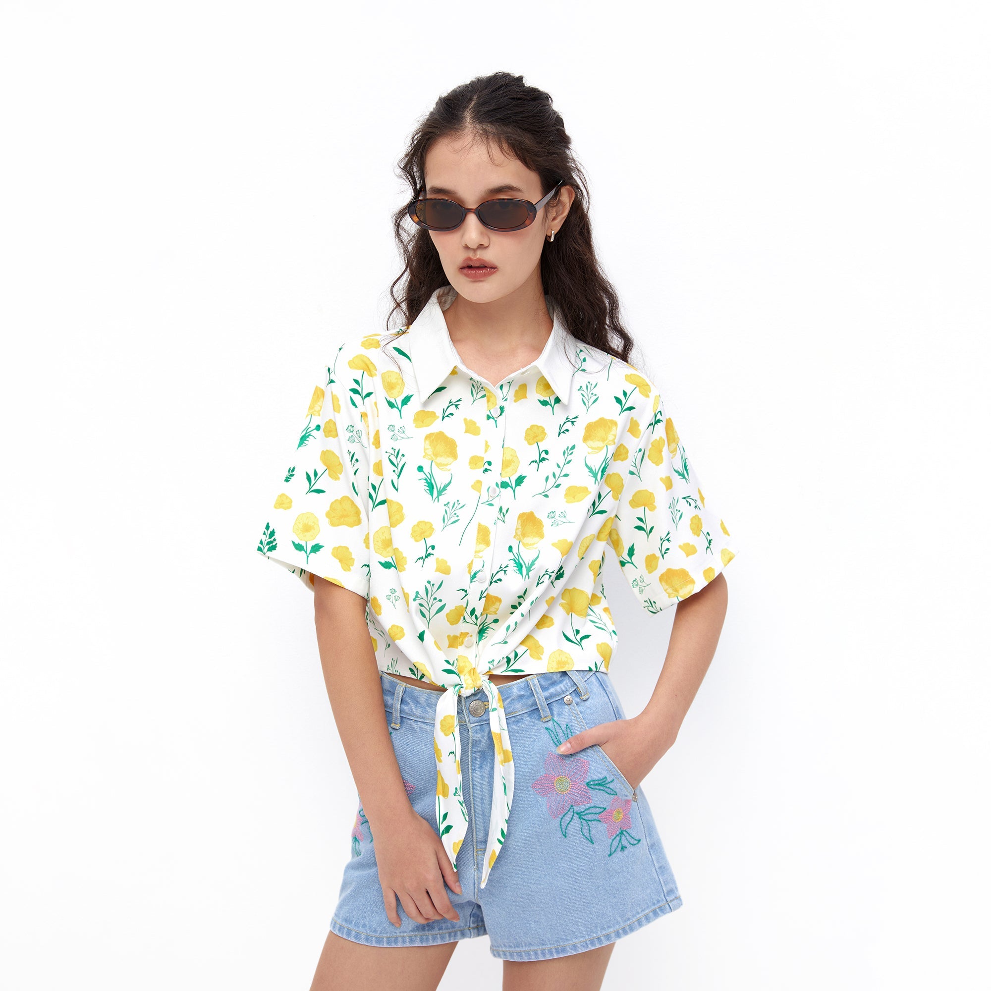 Spring Flower Cropped Shirt Yellow