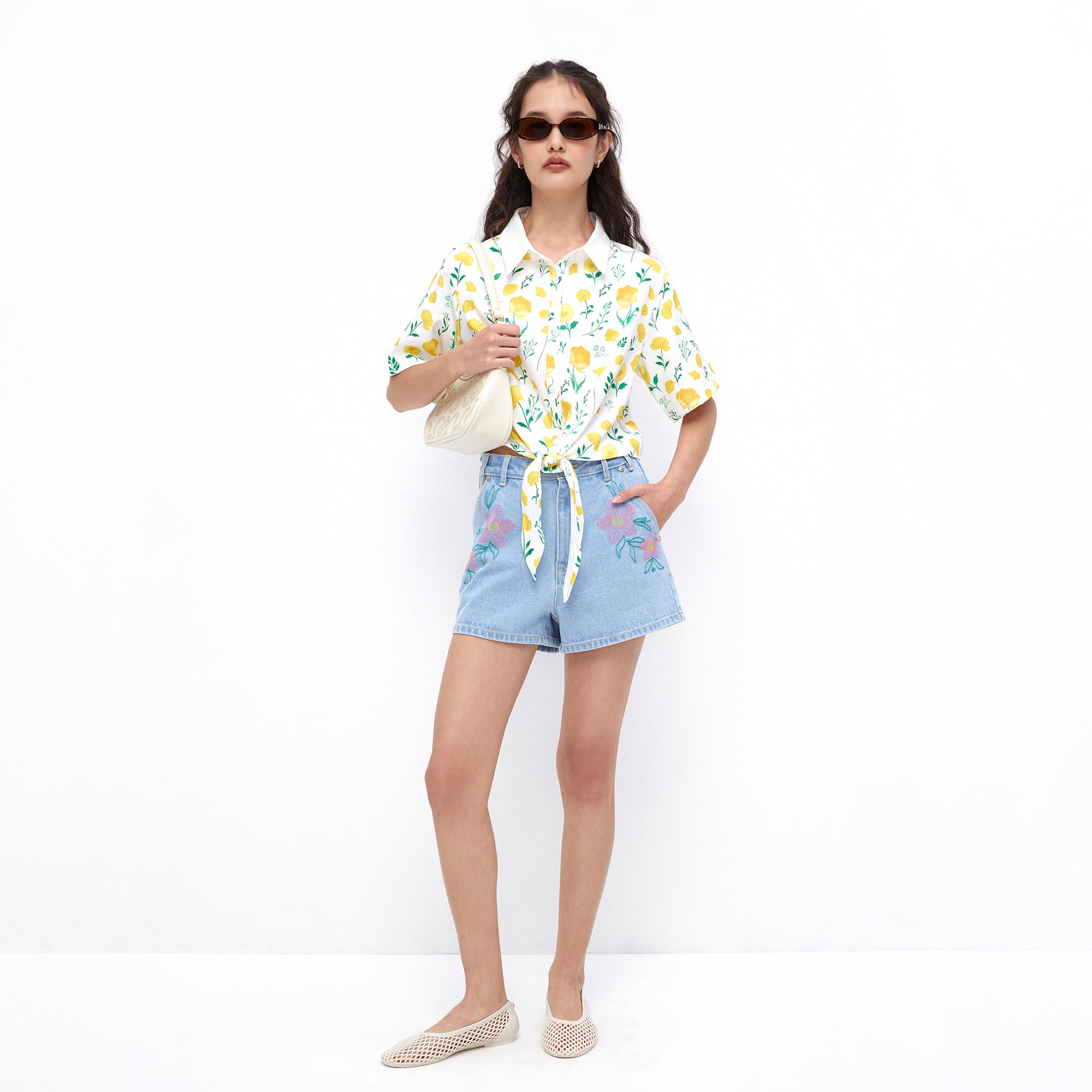 Spring Flower Cropped Shirt Yellow