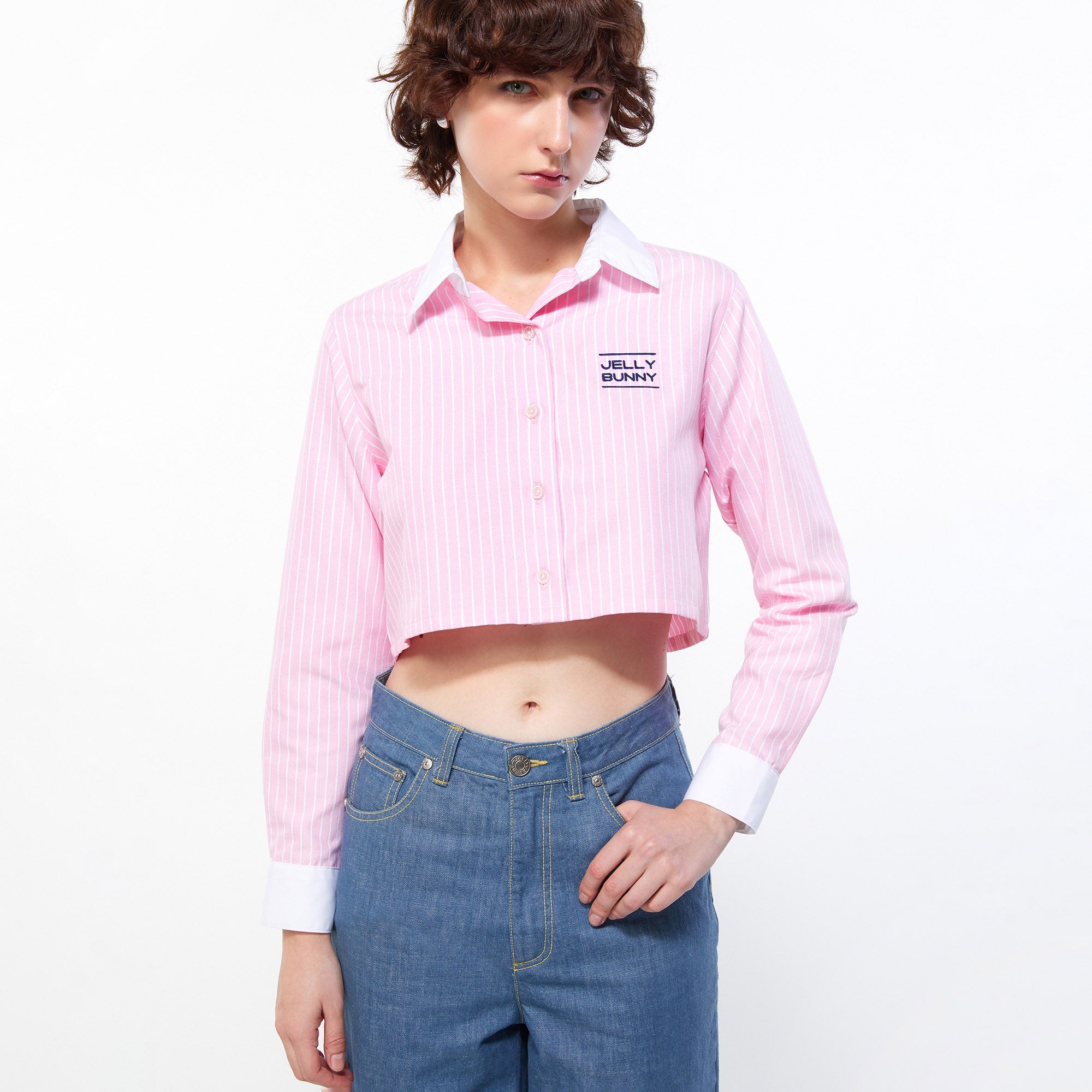 Pinstripe Cropped Button-Up Long Sleeve Shirt Pink