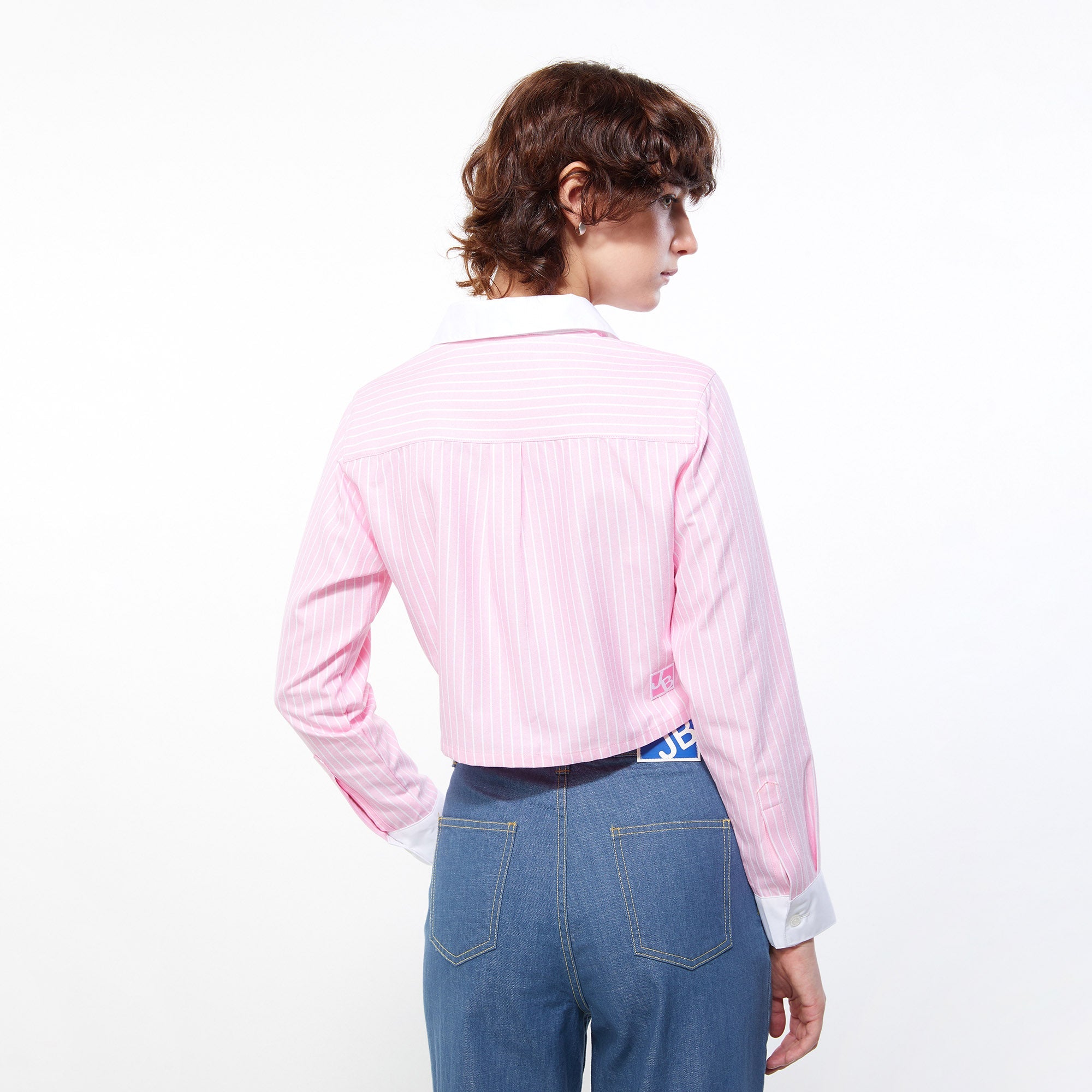 Pinstripe Cropped Button-Up Long Sleeve Shirt Pink