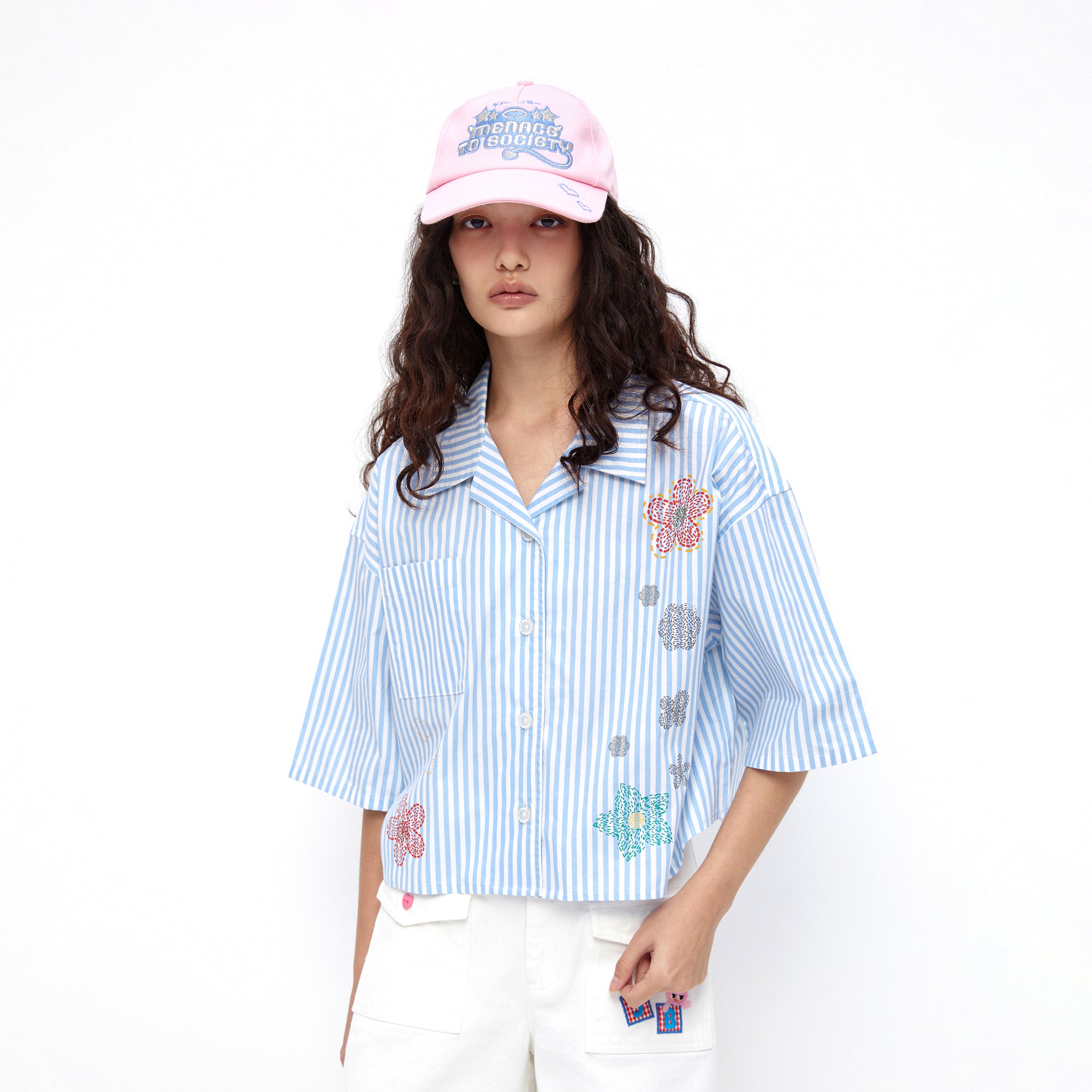 Bloom Stripe Oversized Crop Shirt Blue