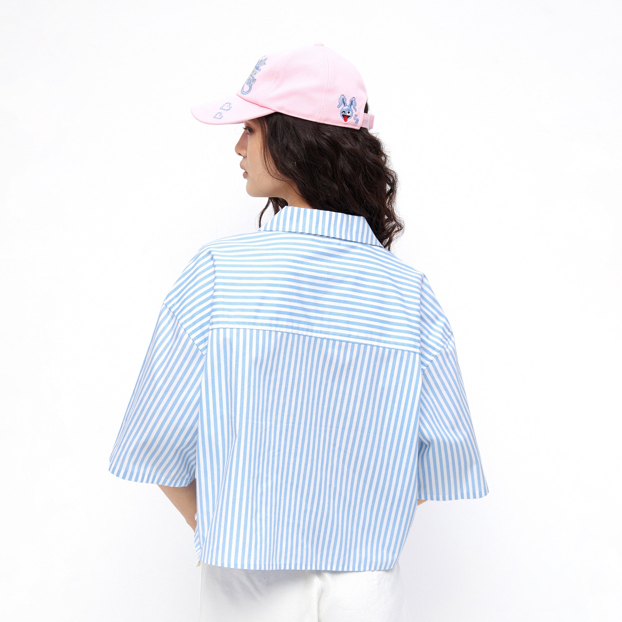 Bloom Stripe Oversized Crop Shirt Blue