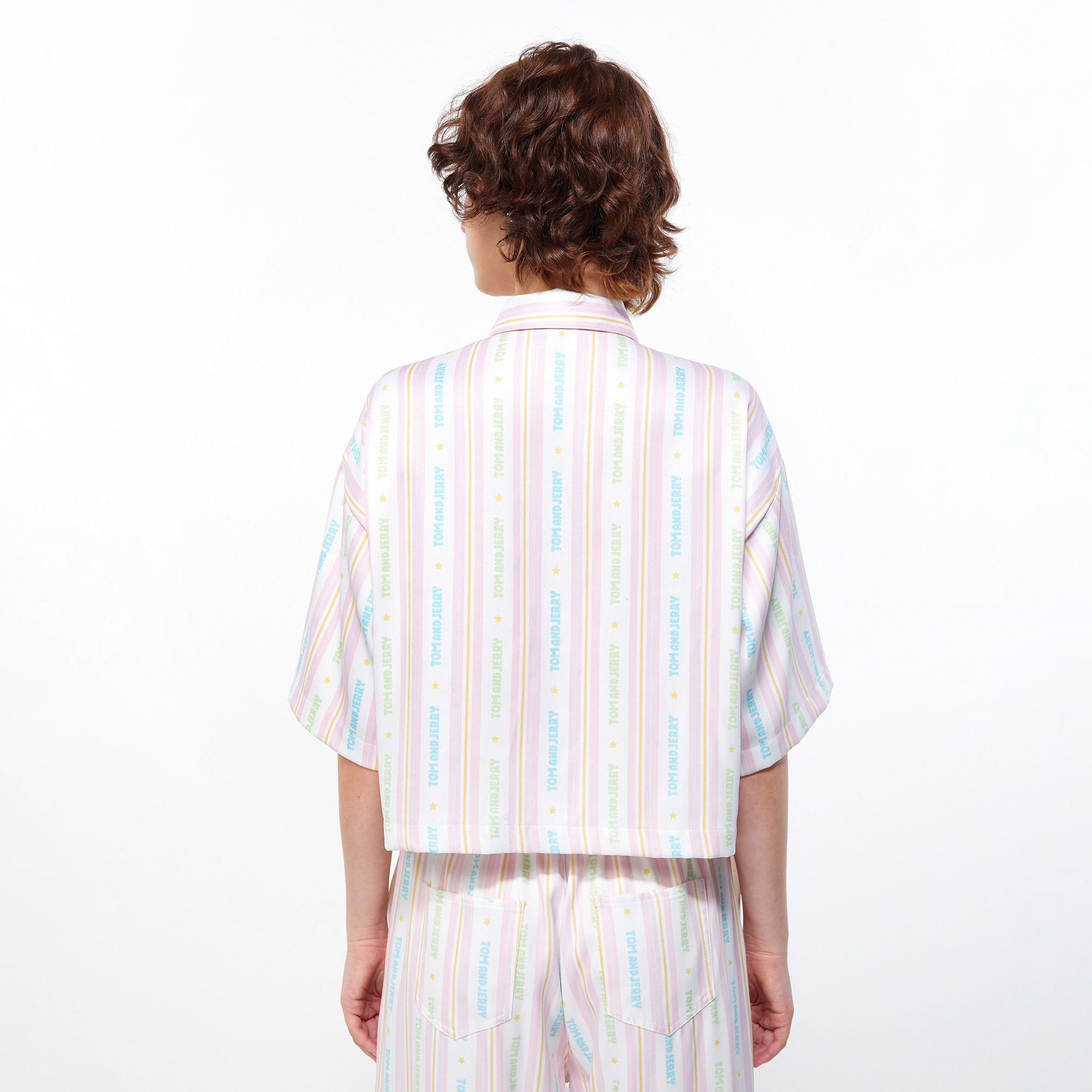 Pastel Tom and Jerry Stripe Zip-Front Crop Shirt Multi Color