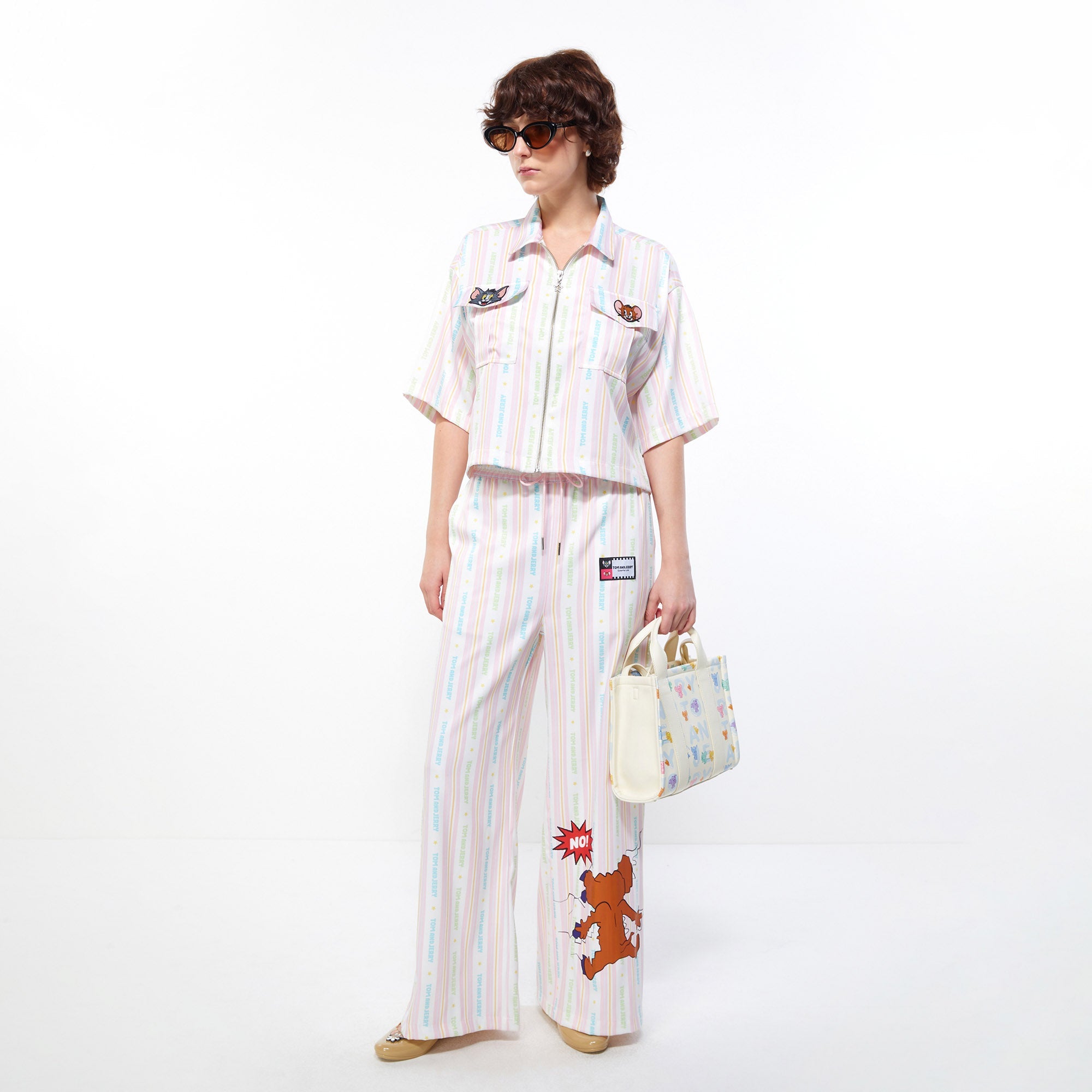 Pastel Tom&Jerry Stripe Zip-Front Crop Shirt Multi Color