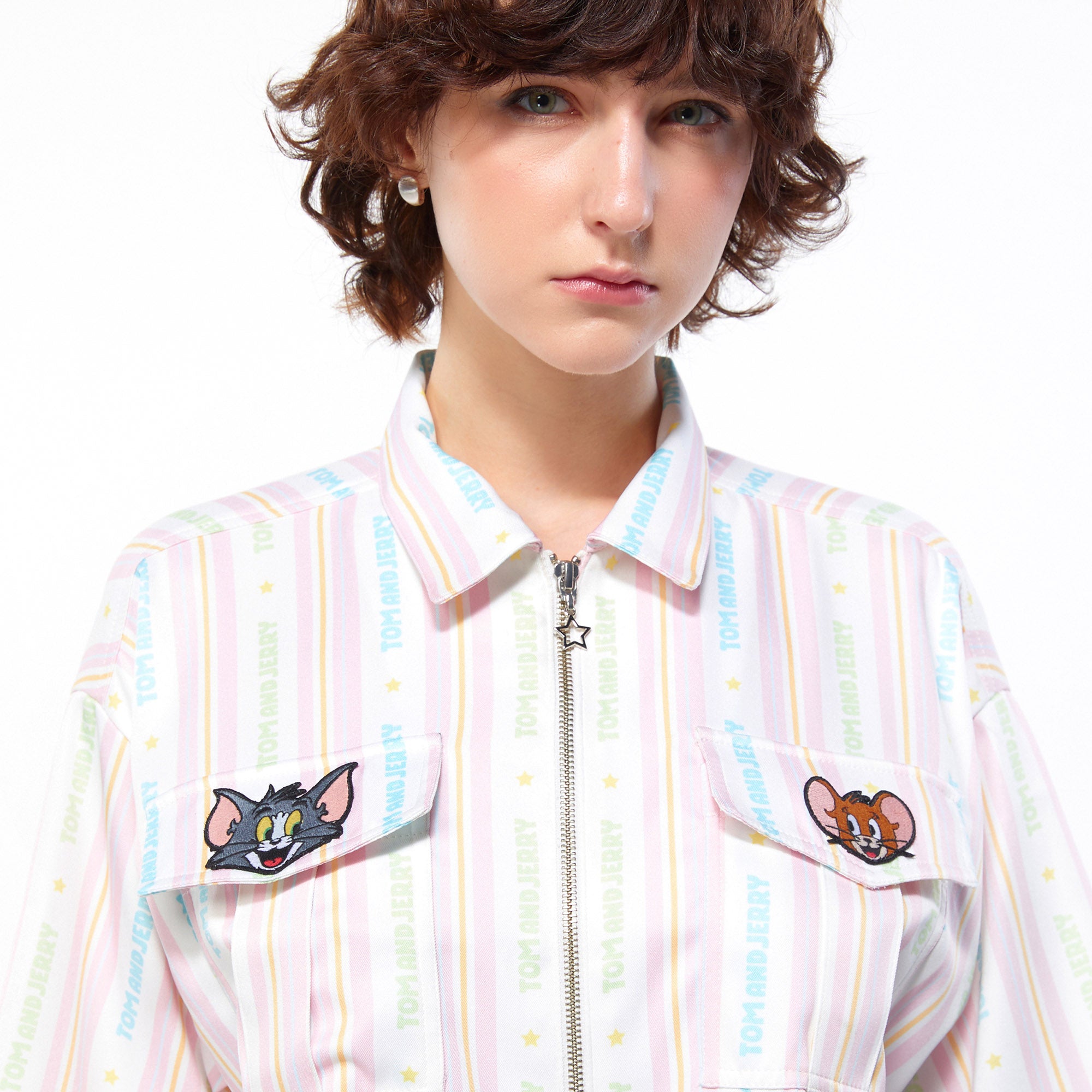 Pastel Tom&Jerry Stripe Zip-Front Crop Shirt Multi Color