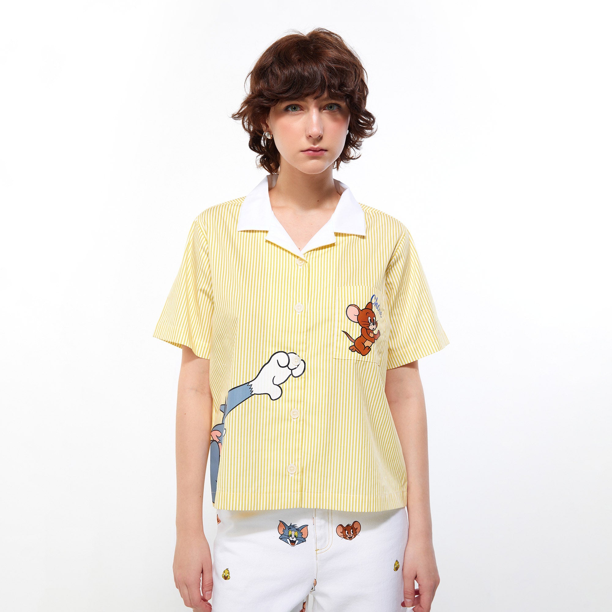 Tom&Jerry Chase Scene Stripe Bowling Shirt Yellow