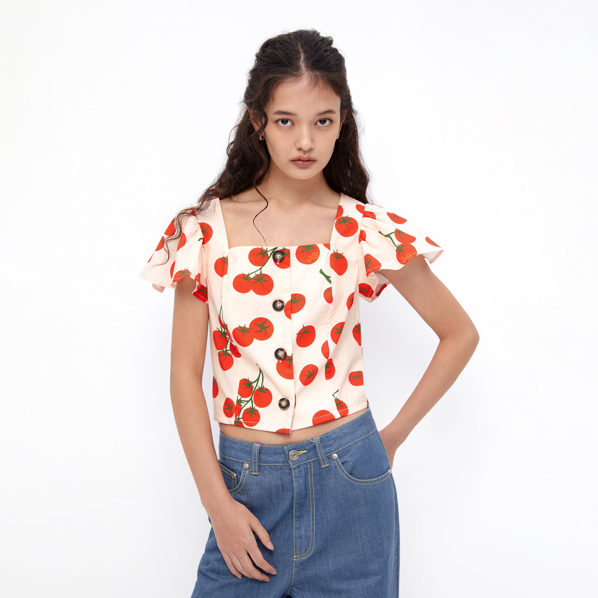 Tomatoes Print Crop Blouse Multi Color