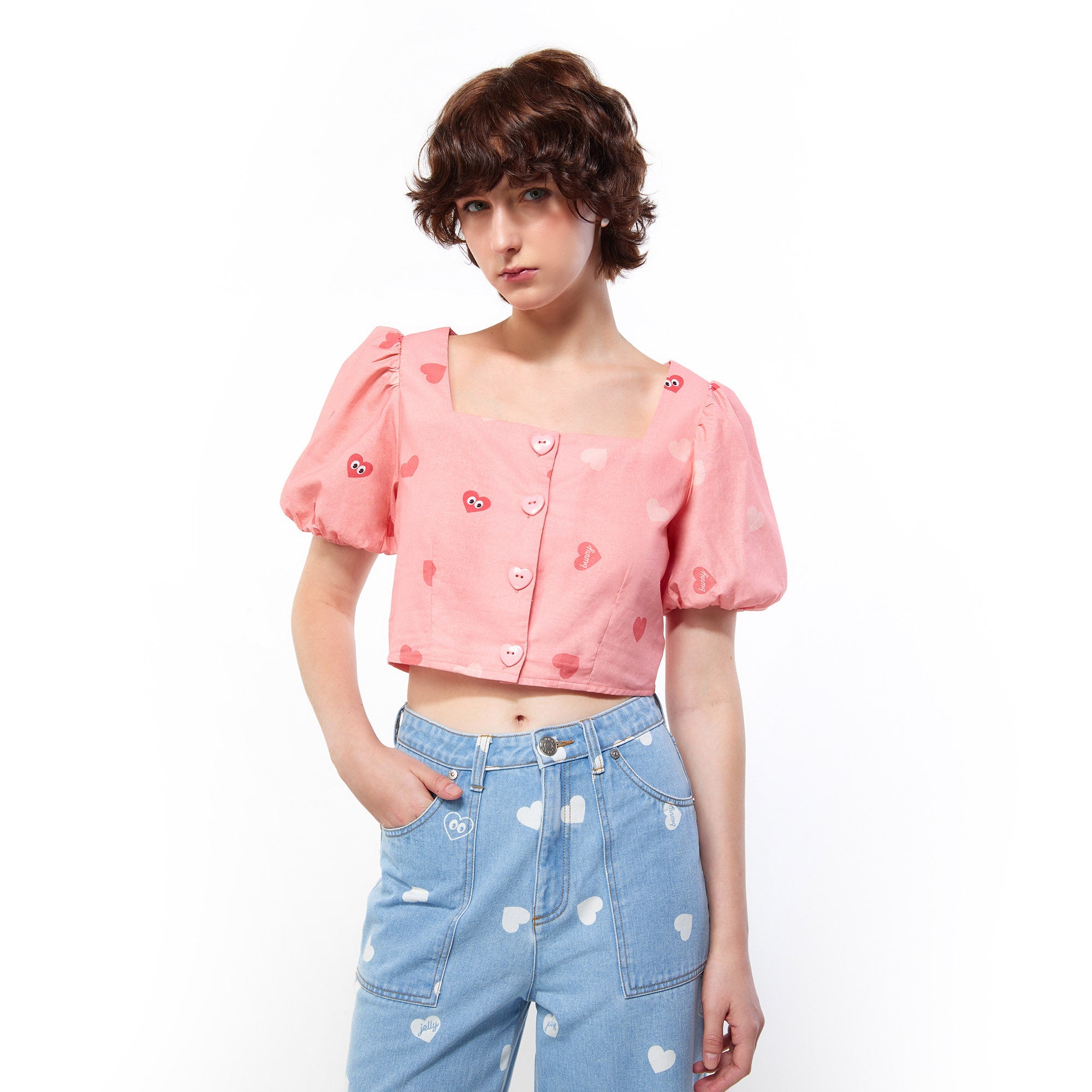 Peek-A-Boo Heart Crop Blouse Printed Pink