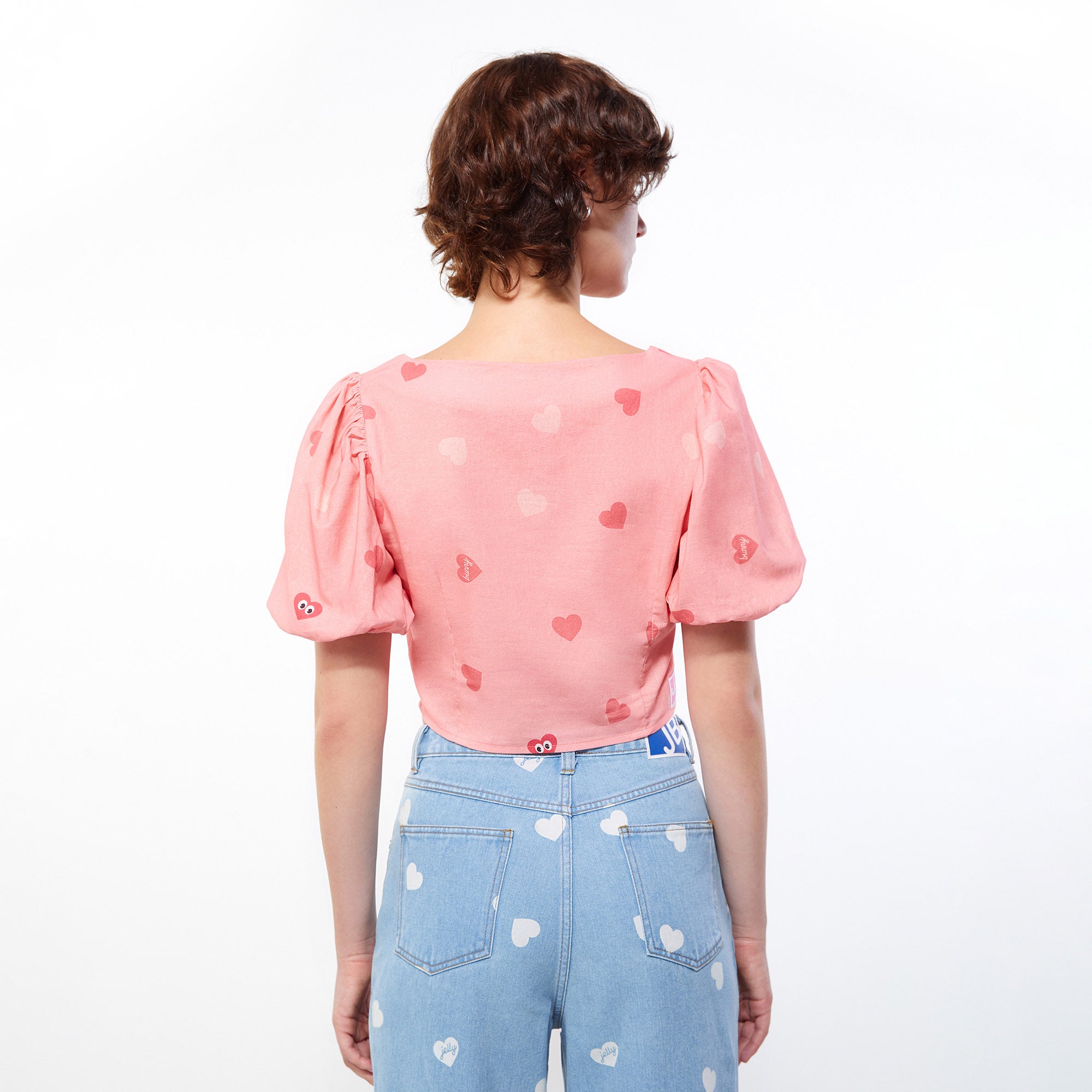 Peek-a-Boo Heart Crop Blouse Printed Pink