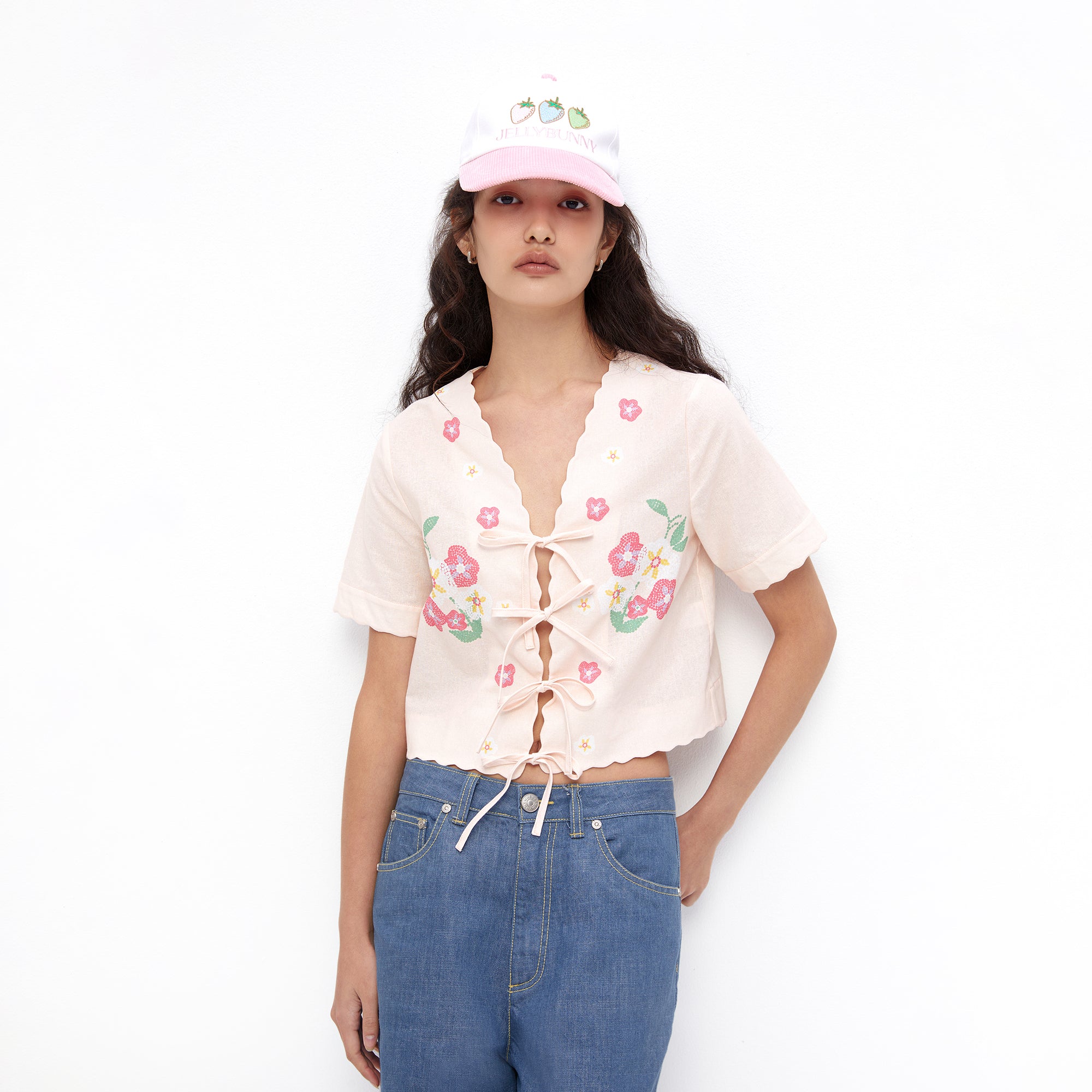 Bloom Scallop Tie-Front Crop Top Light Pink