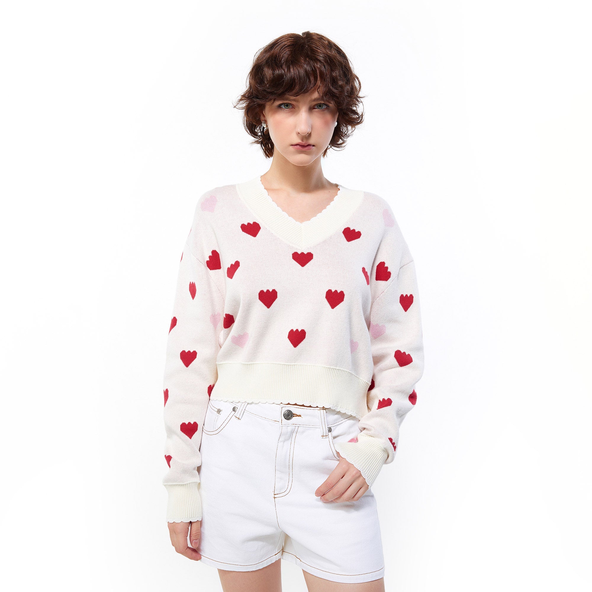 Sweet Heart Crop Knit Pullover Cream