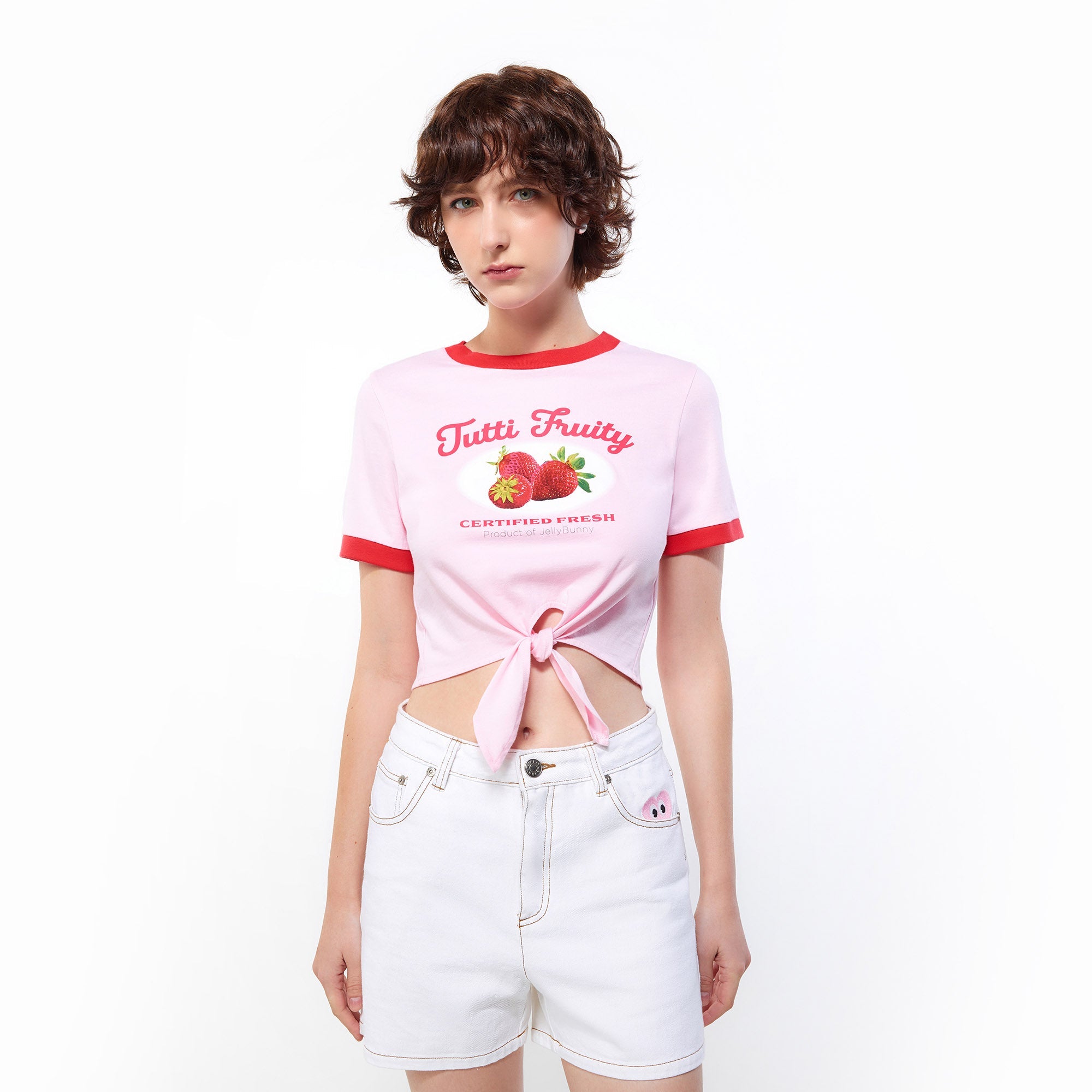 เสื้อยืด ทรงริงเกอร์ แต่งผูก Fresh Strawberry Pink