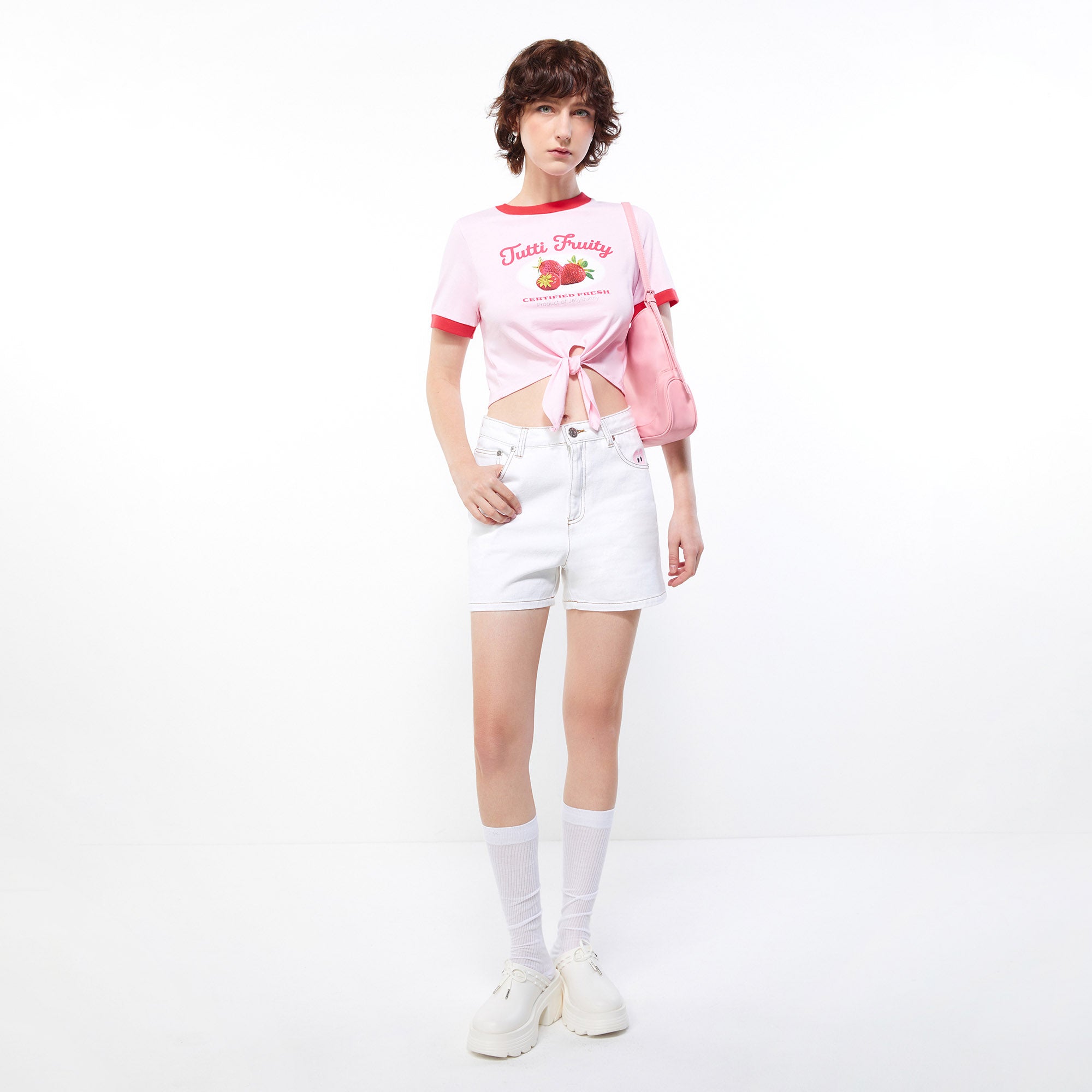 Fresh Strawberry Tie Front Ringer Tee Pink