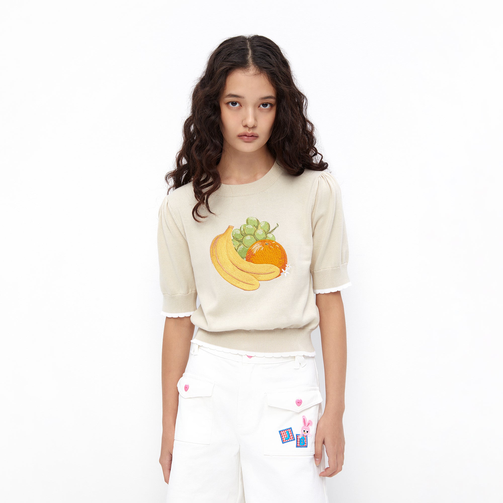 Fruit Medley Puff Sleeve Top Beige