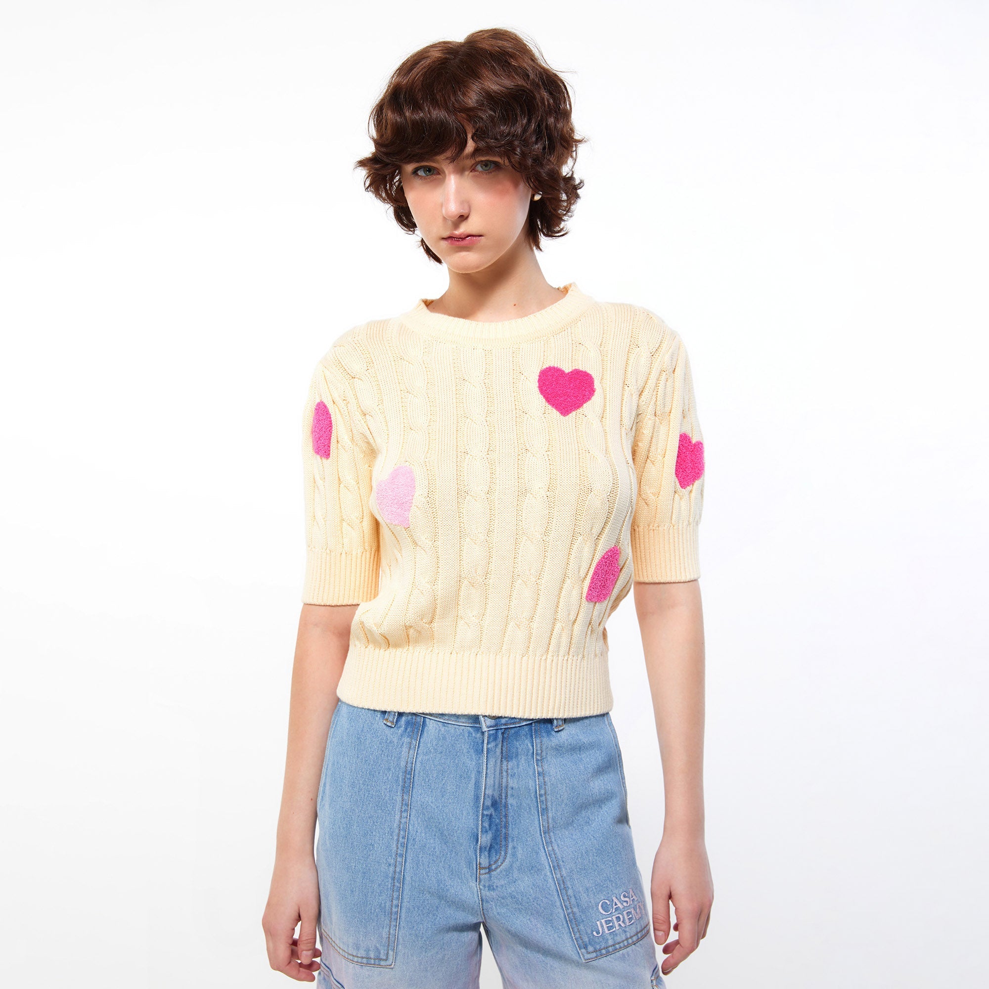 Heart Patches Cable Knit Top Cream