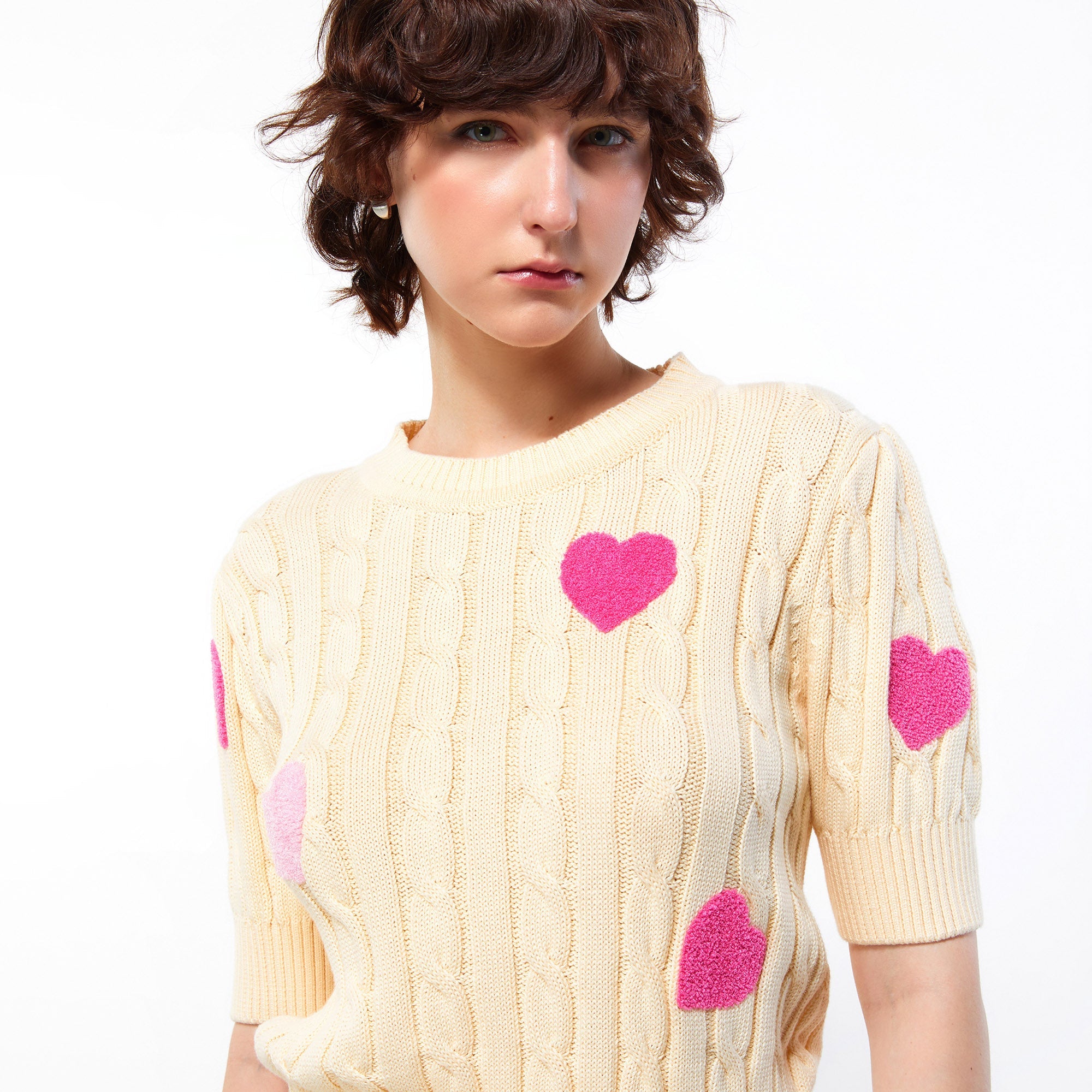 Heart Patches Cable Knit Top Cream