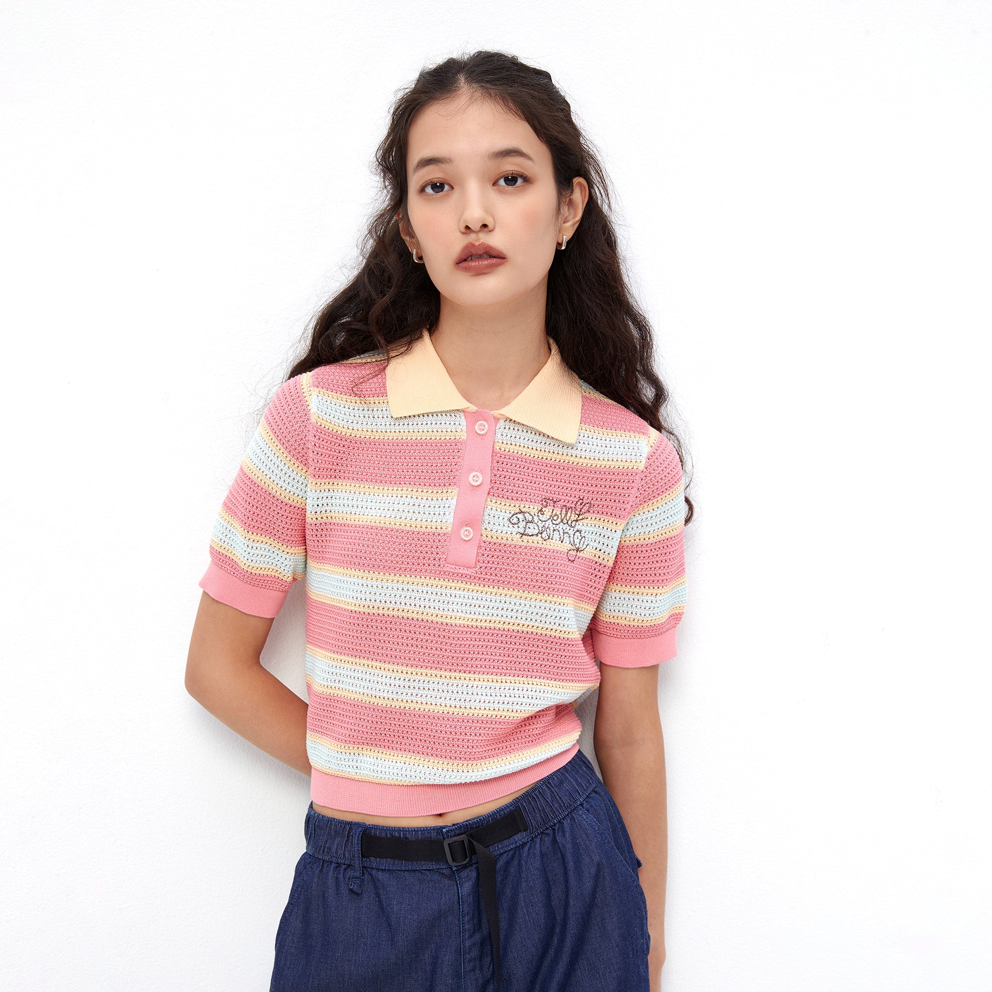 Pastel Stripe Polo Knit Top Multi Color