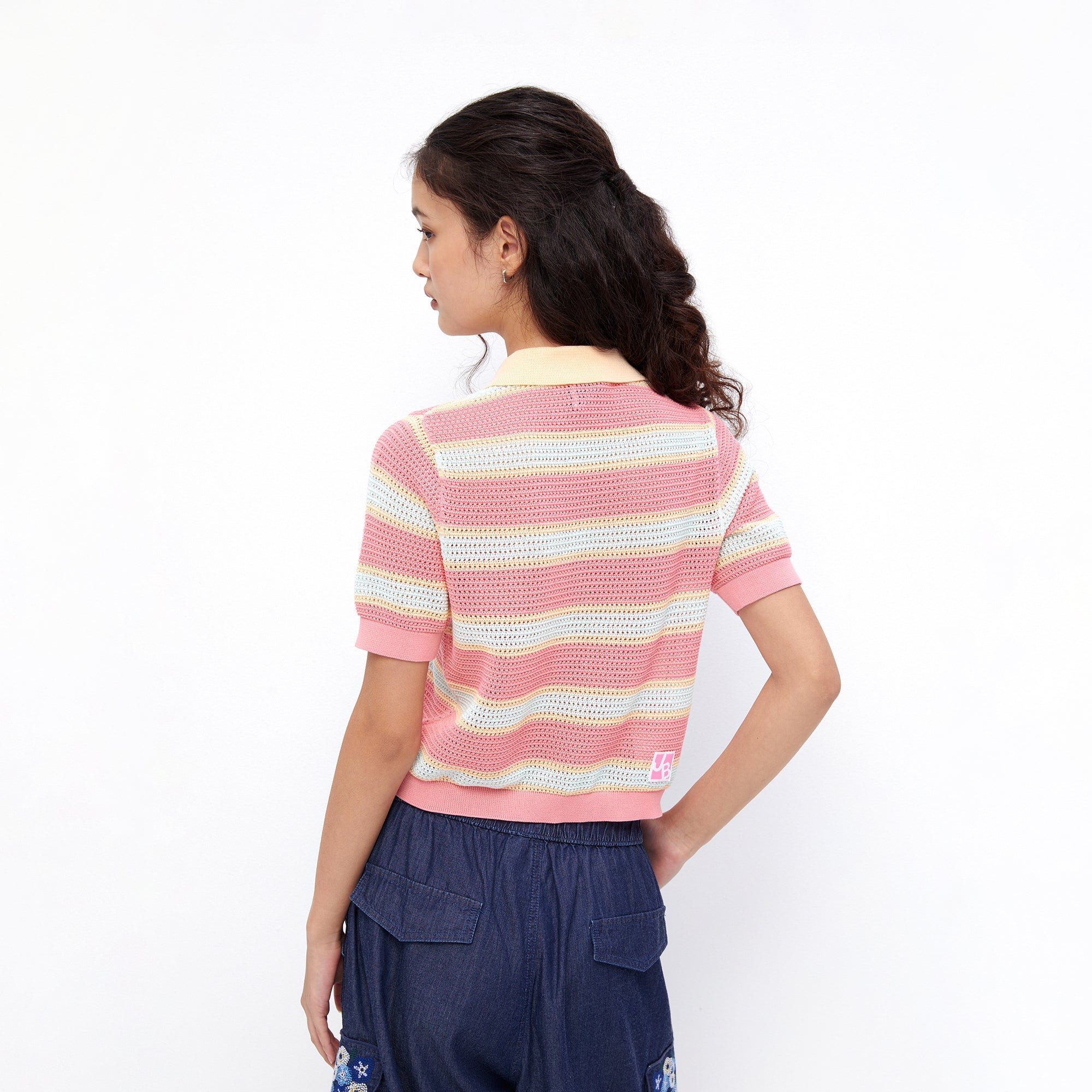 Pastel Stripe Polo Knit Top Multi Color