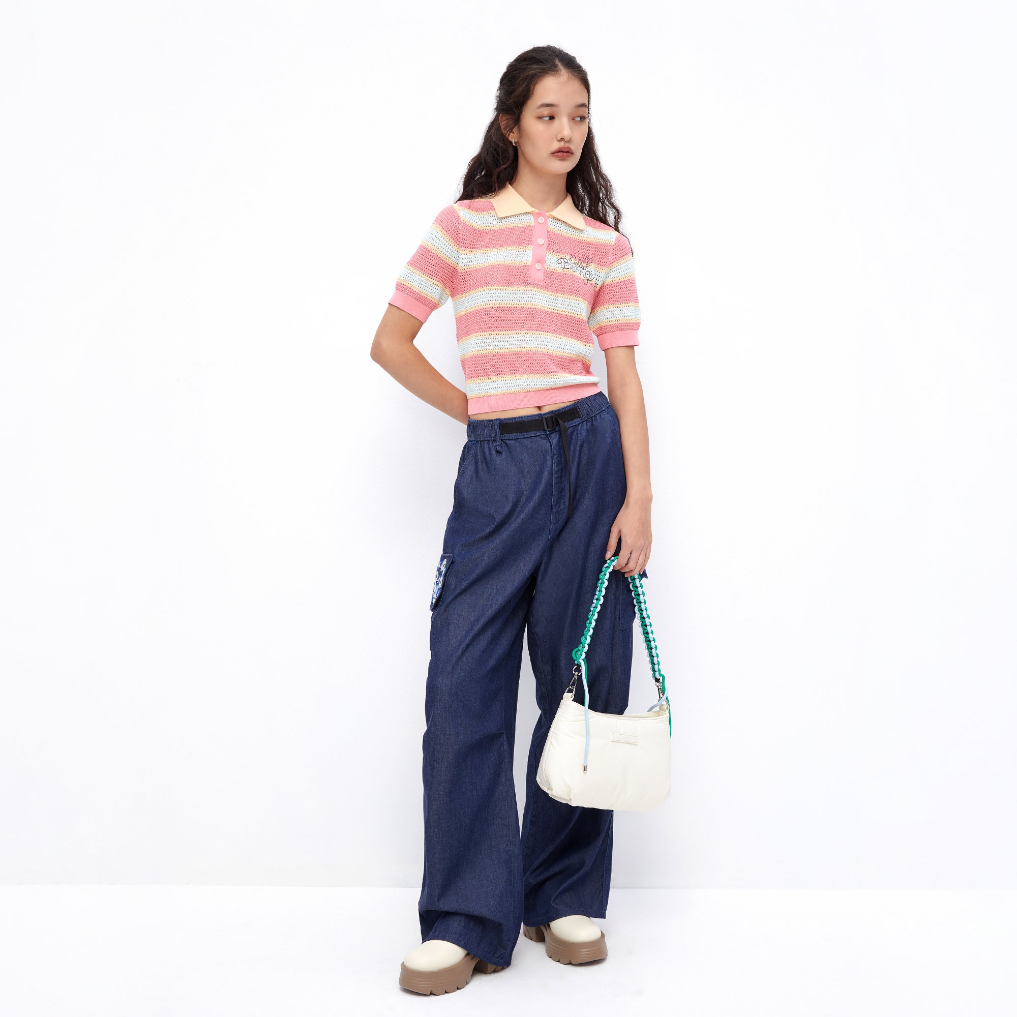 Pastel Stripe Polo Knit Top Multi Color