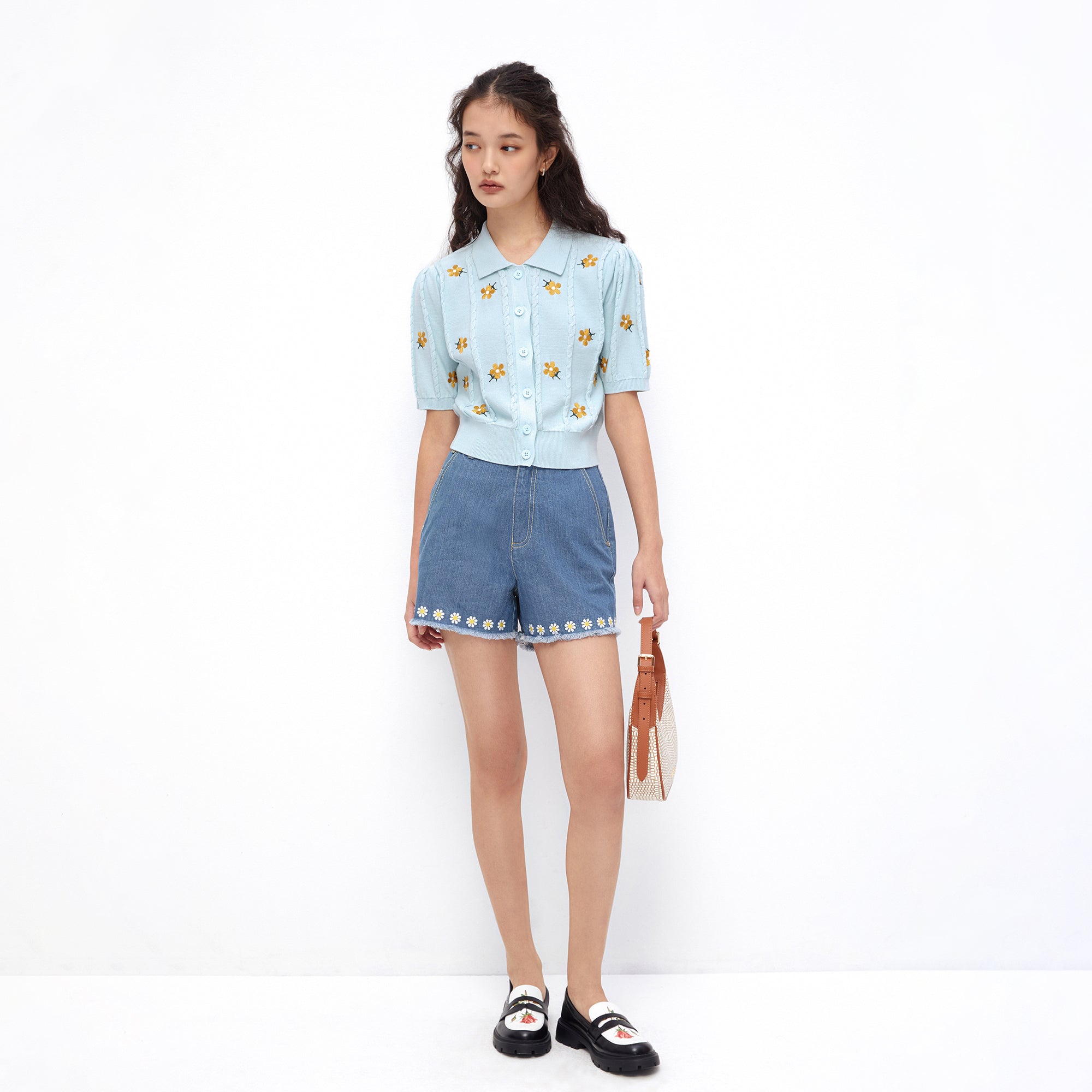 Daisy Cable Knit Short Sleeve Cardigan Blue