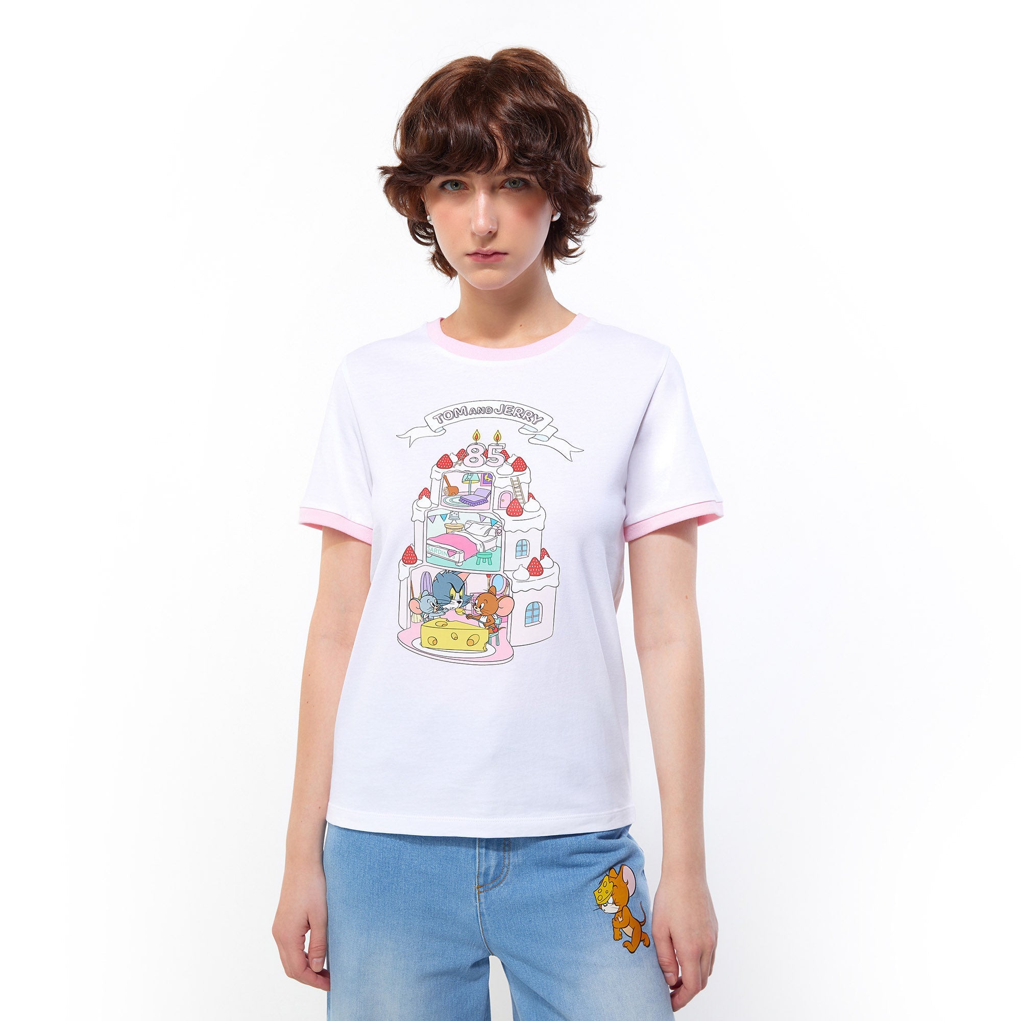 เสื้อยืดทรงริงเกอร์ Happy 85Th Birthday Tom and Jerry White