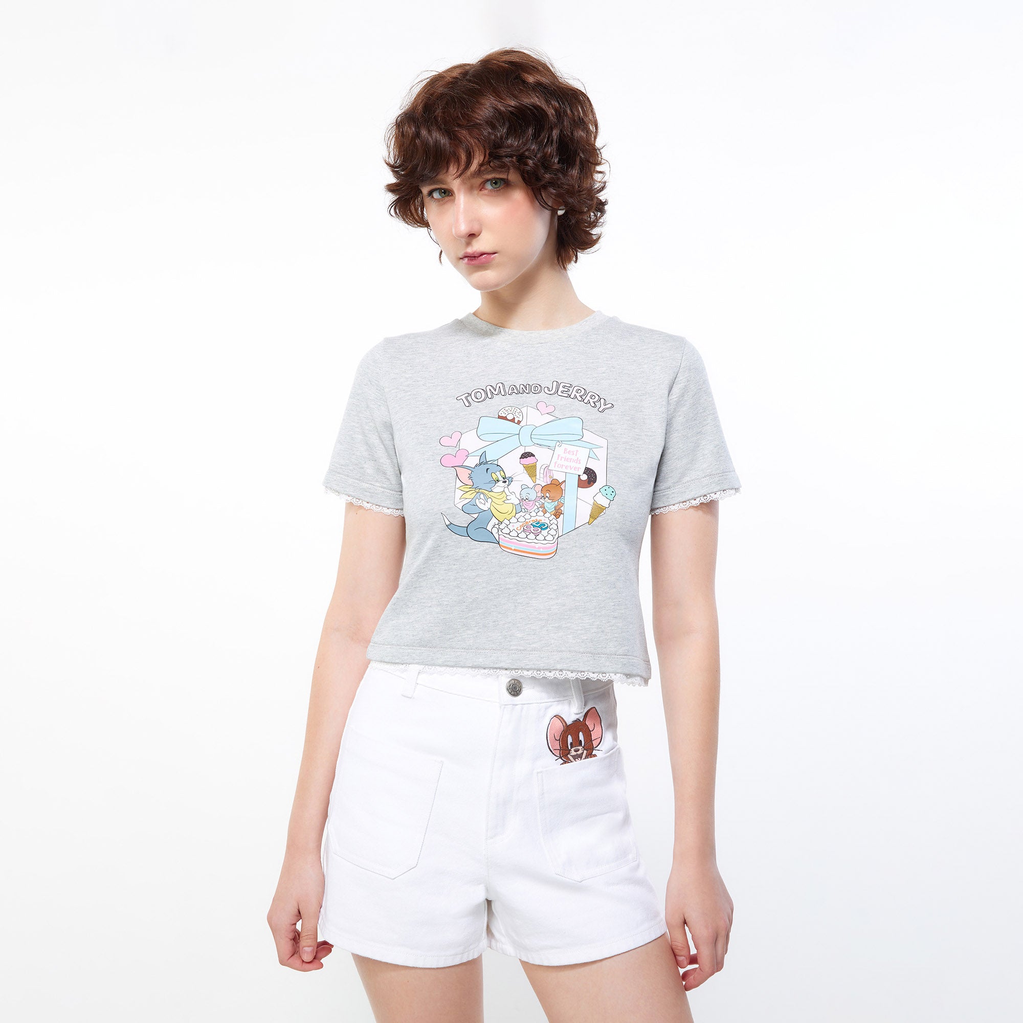 Happy 85Th Birthday Tom and Jerry Crop Tee Grey