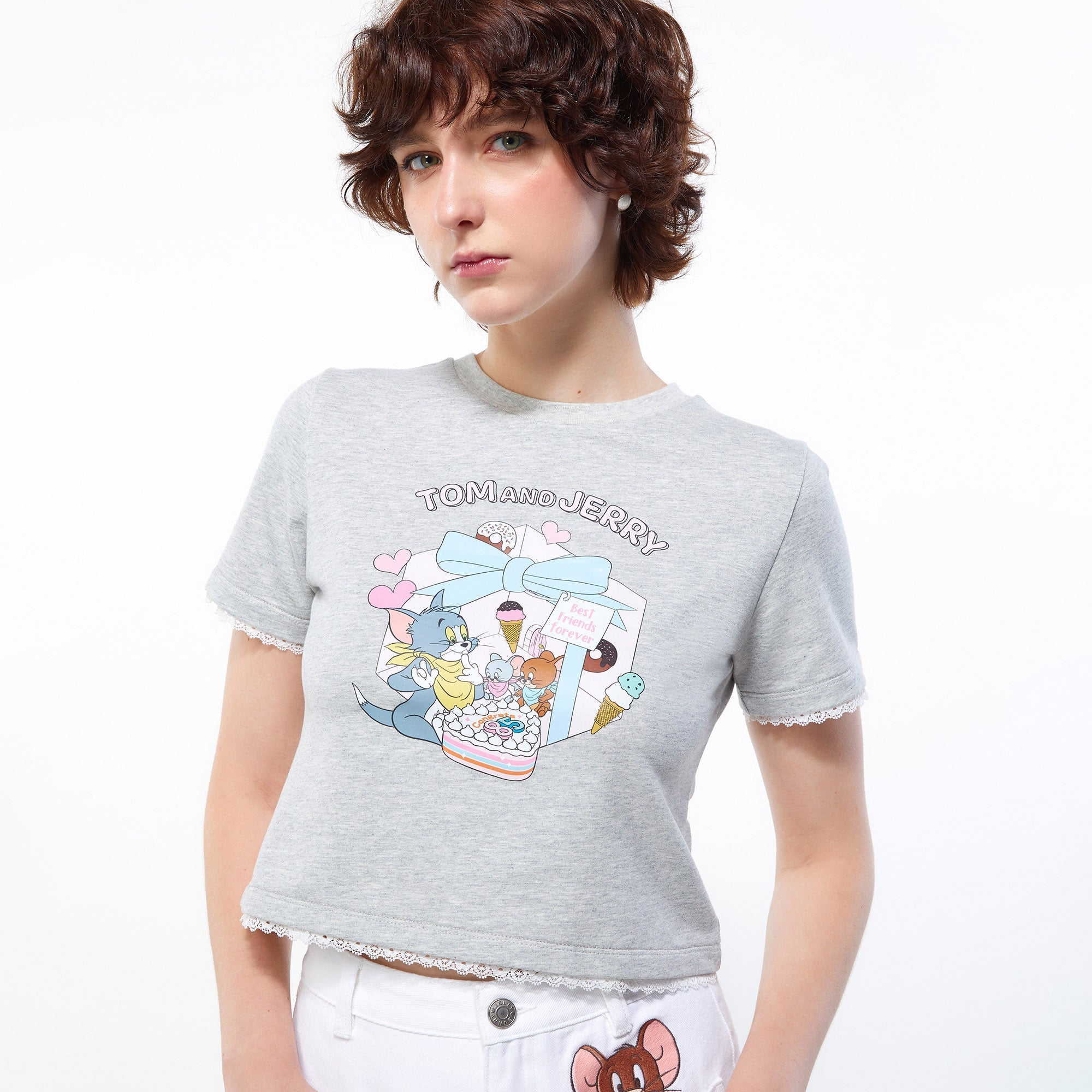 Happy 85Th Birthday Tom&Jerry Crop Tee Grey