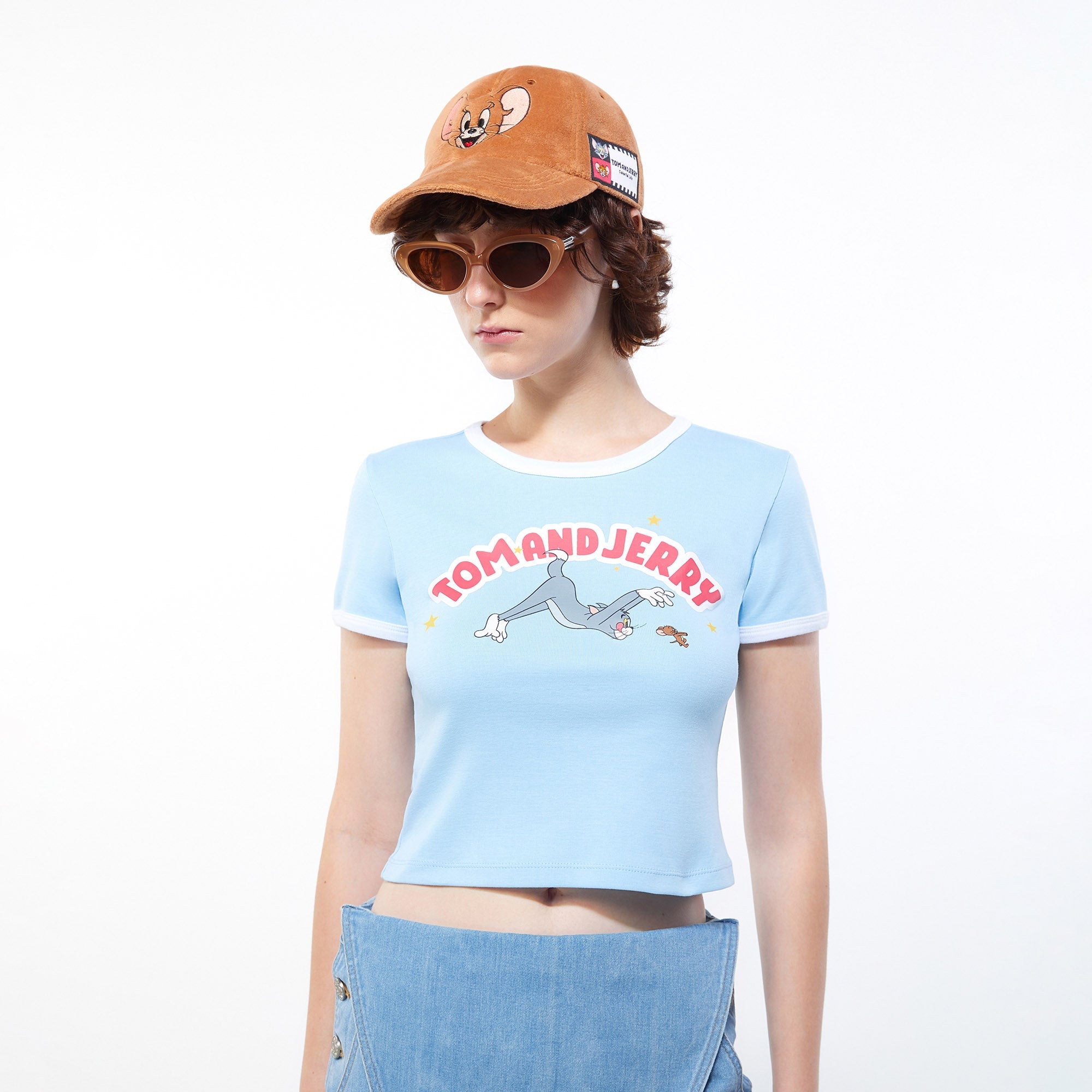 Tom and Jerry Chase Scene Crop Ringer Tee Blue