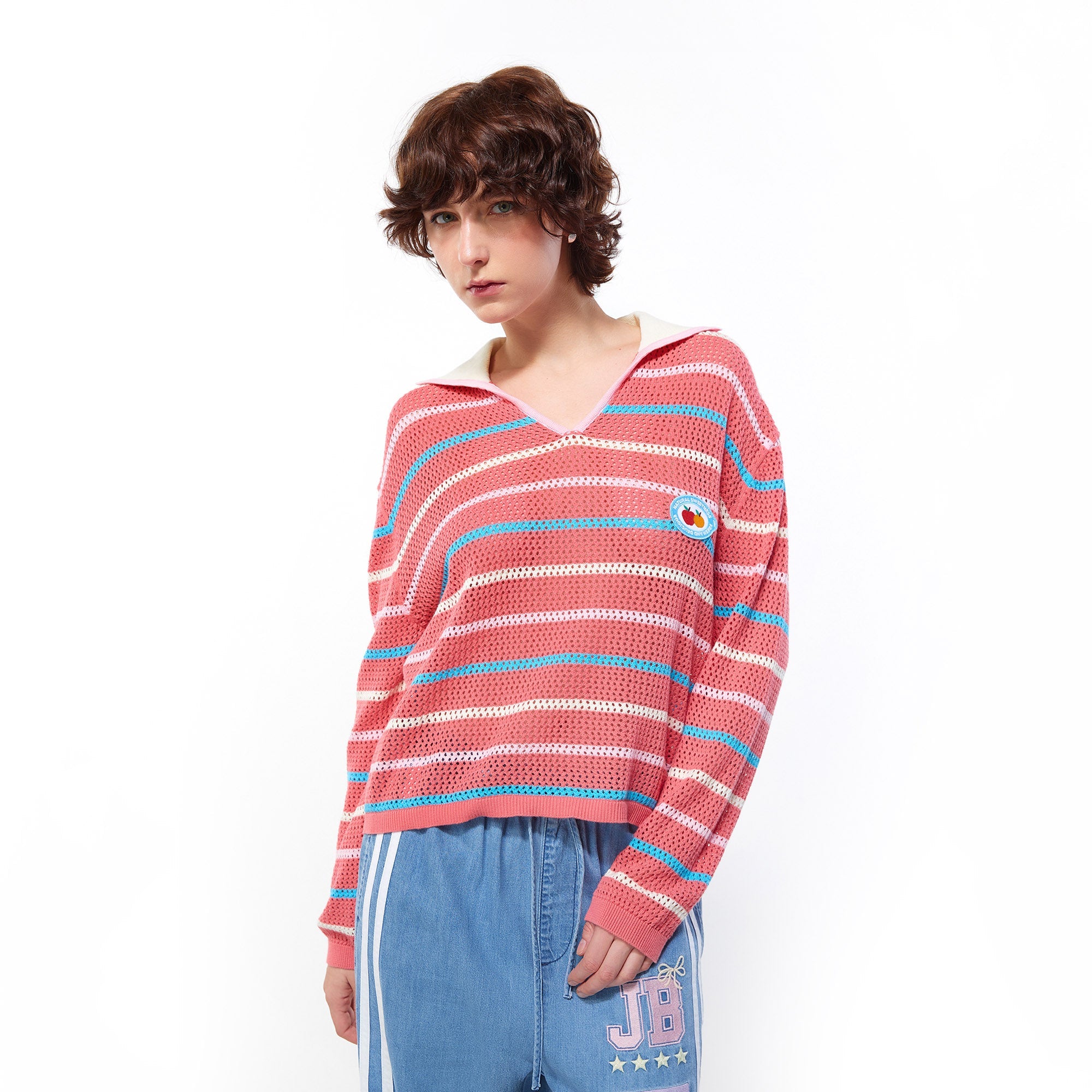 Preppy Striped Mesh Knit Pullover Multi Color