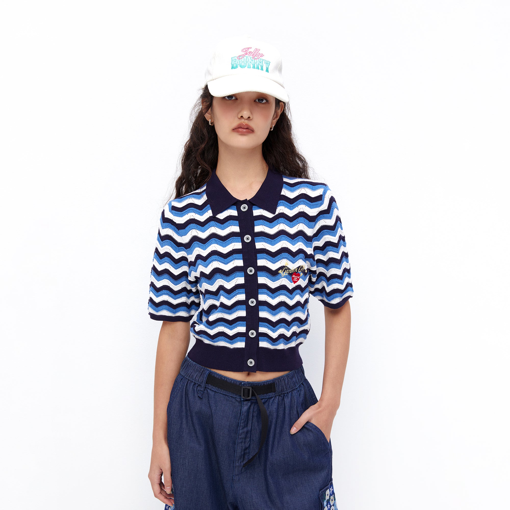 Wave Knit Short Sleeve Crop Cardigan Multi Color