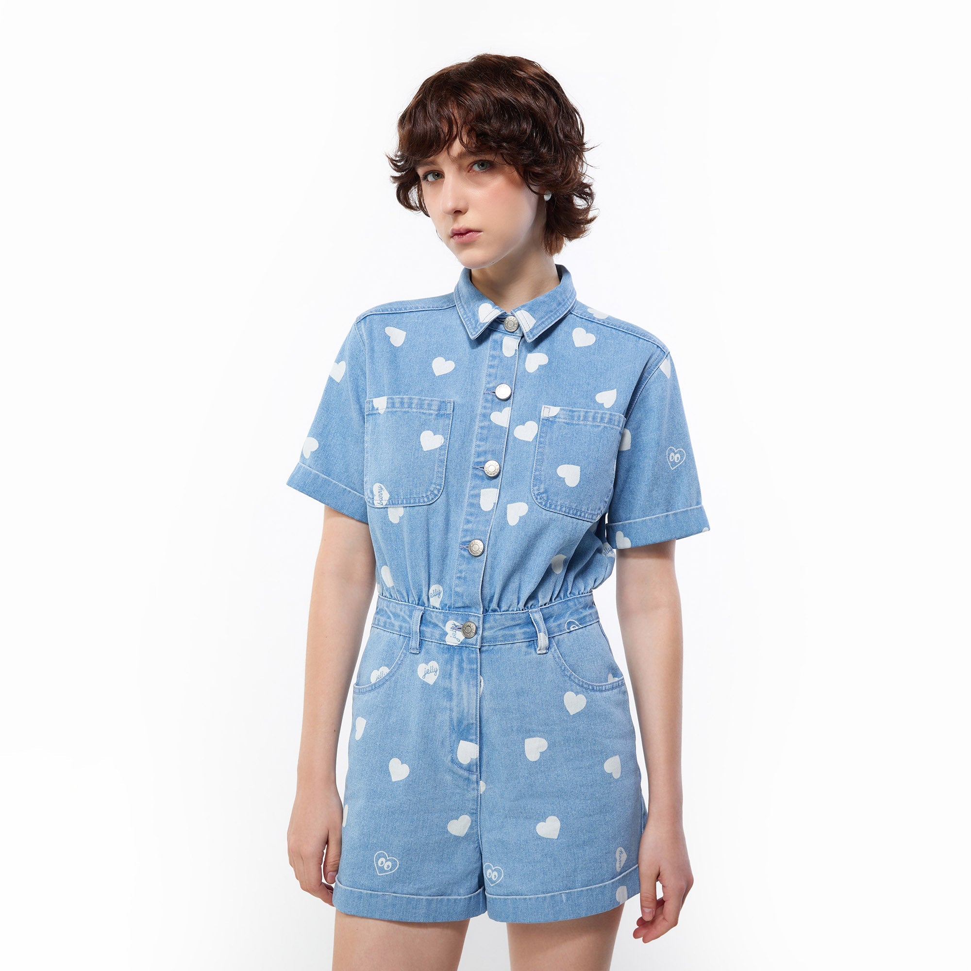 Heart Monogram Denim Romper Blue