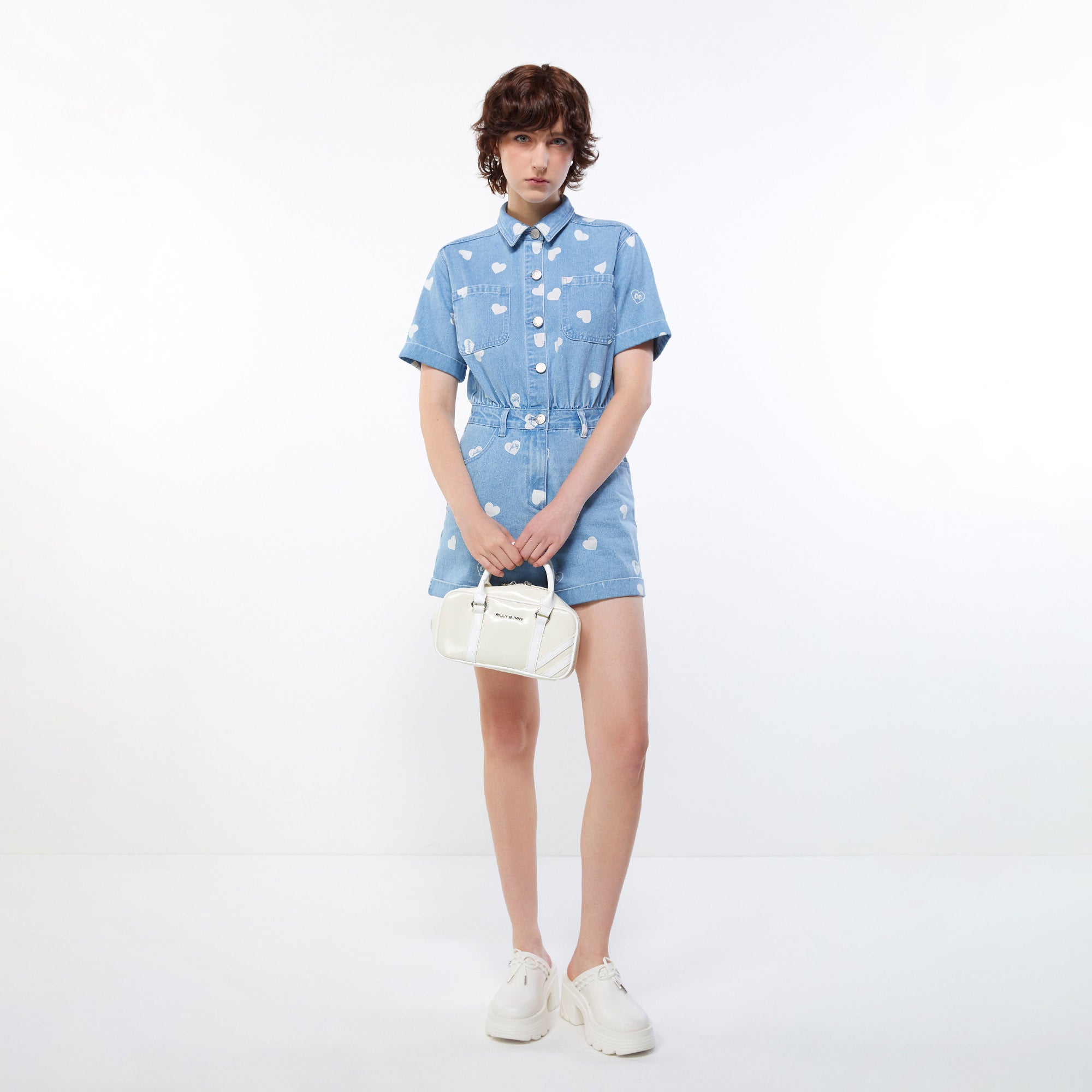 Heart Monogram Denim Romper Blue